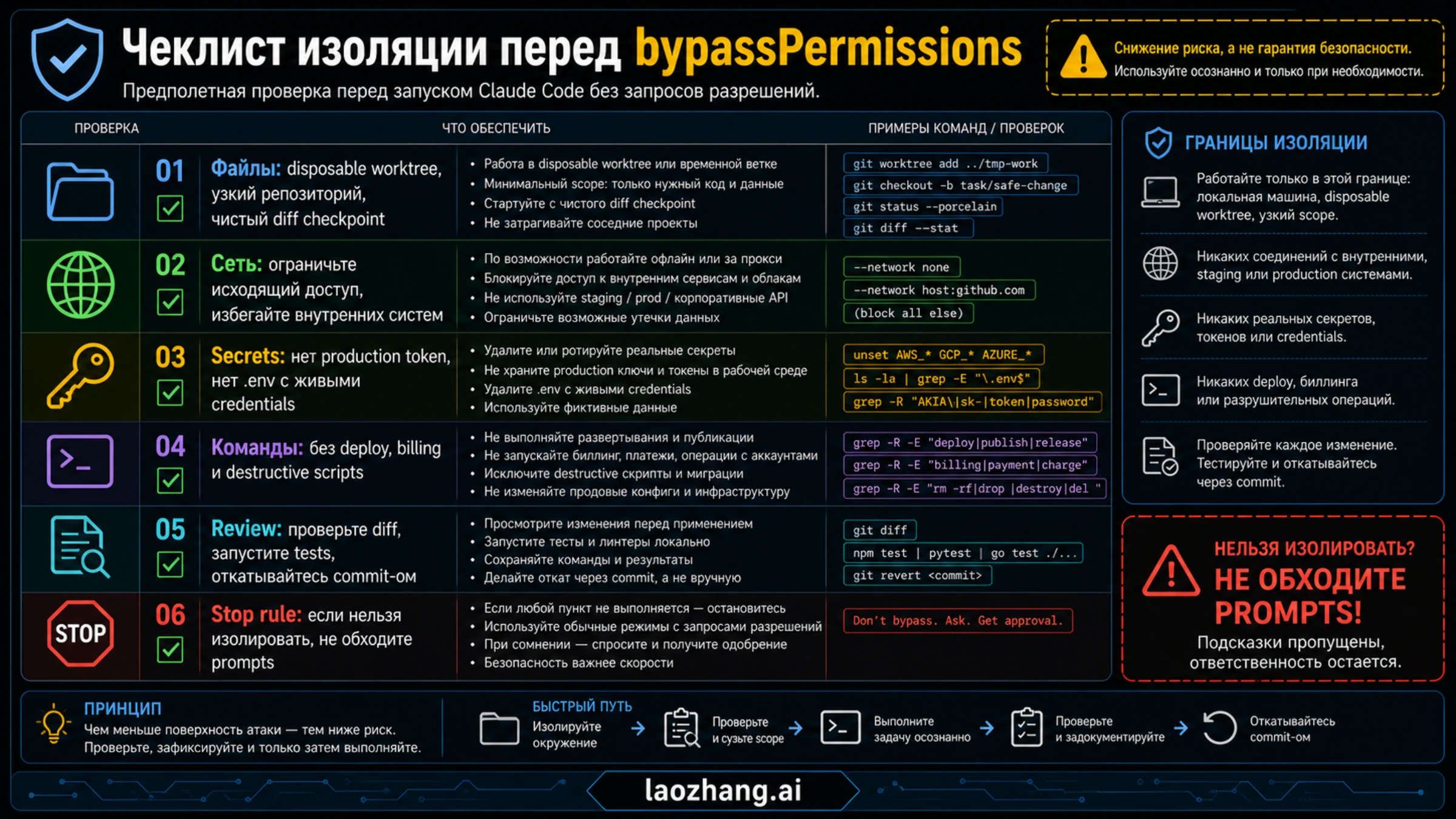 Чек-лист изоляции перед Claude Code bypassPermissions: файлы, сеть, секреты, команды и откат