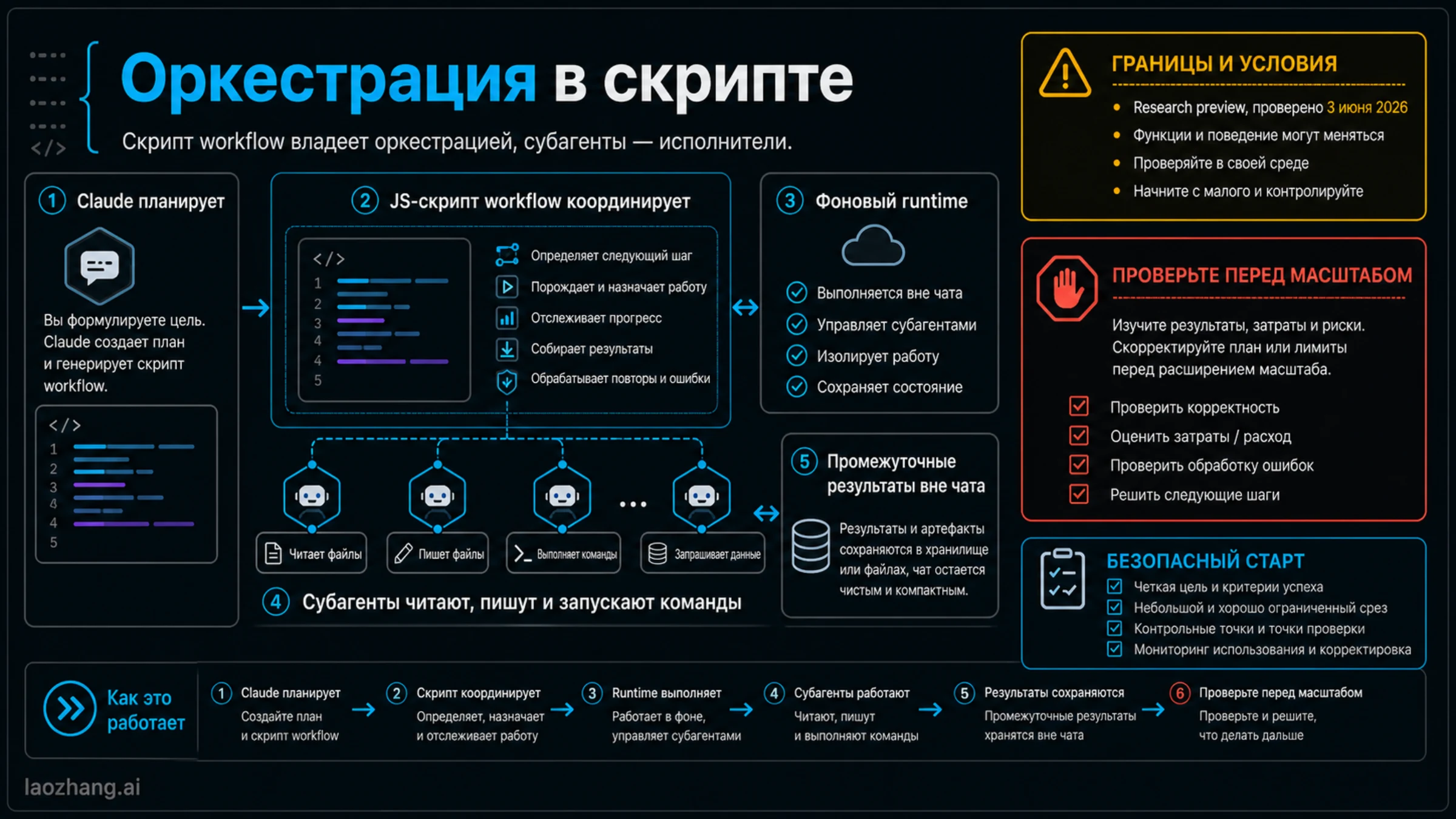 Claude планирует workflow script и координирует subagents через runtime