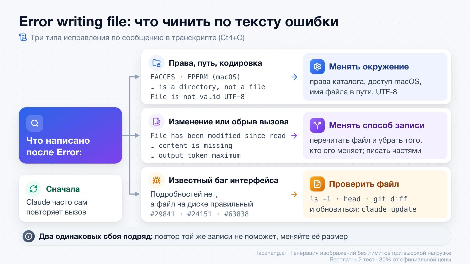 Схема: по тексту ошибки из транскрипта Claude Code выбрать одно из трёх исправлений — менять окружение, менять способ записи или проверить файл при известном баге