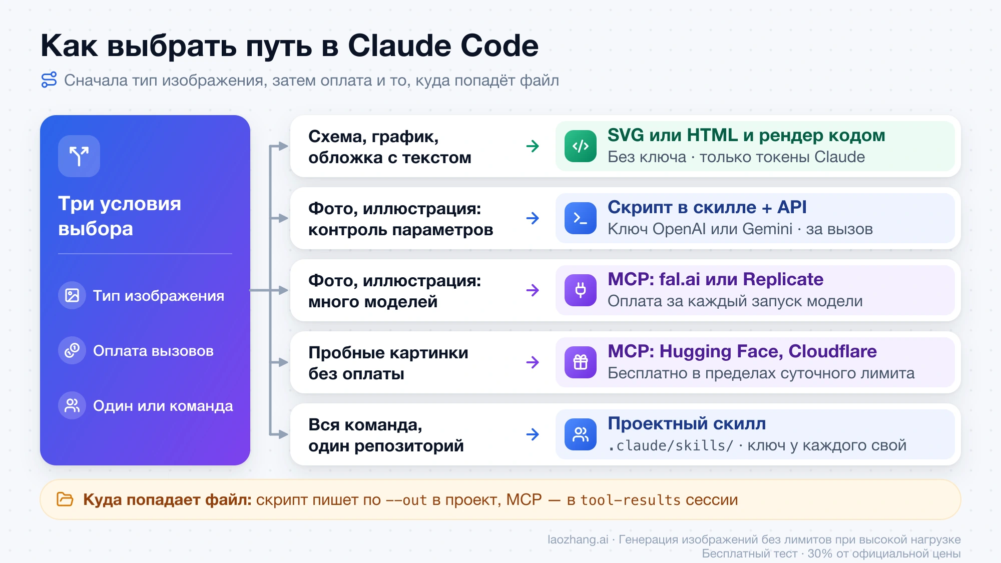 Схема выбора пути в Claude Code: схемы и обложки рендерятся кодом, фото и иллюстрации идут через скрипт в скилле или MCP-сервер