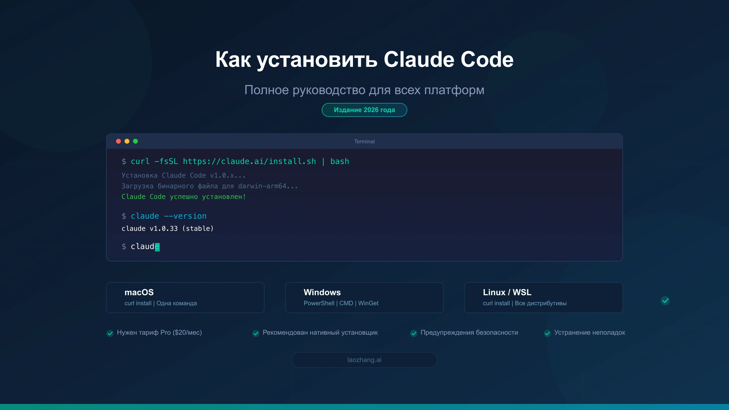 Установка Claude Code на Windows, macOS и Linux одной командой в терминале