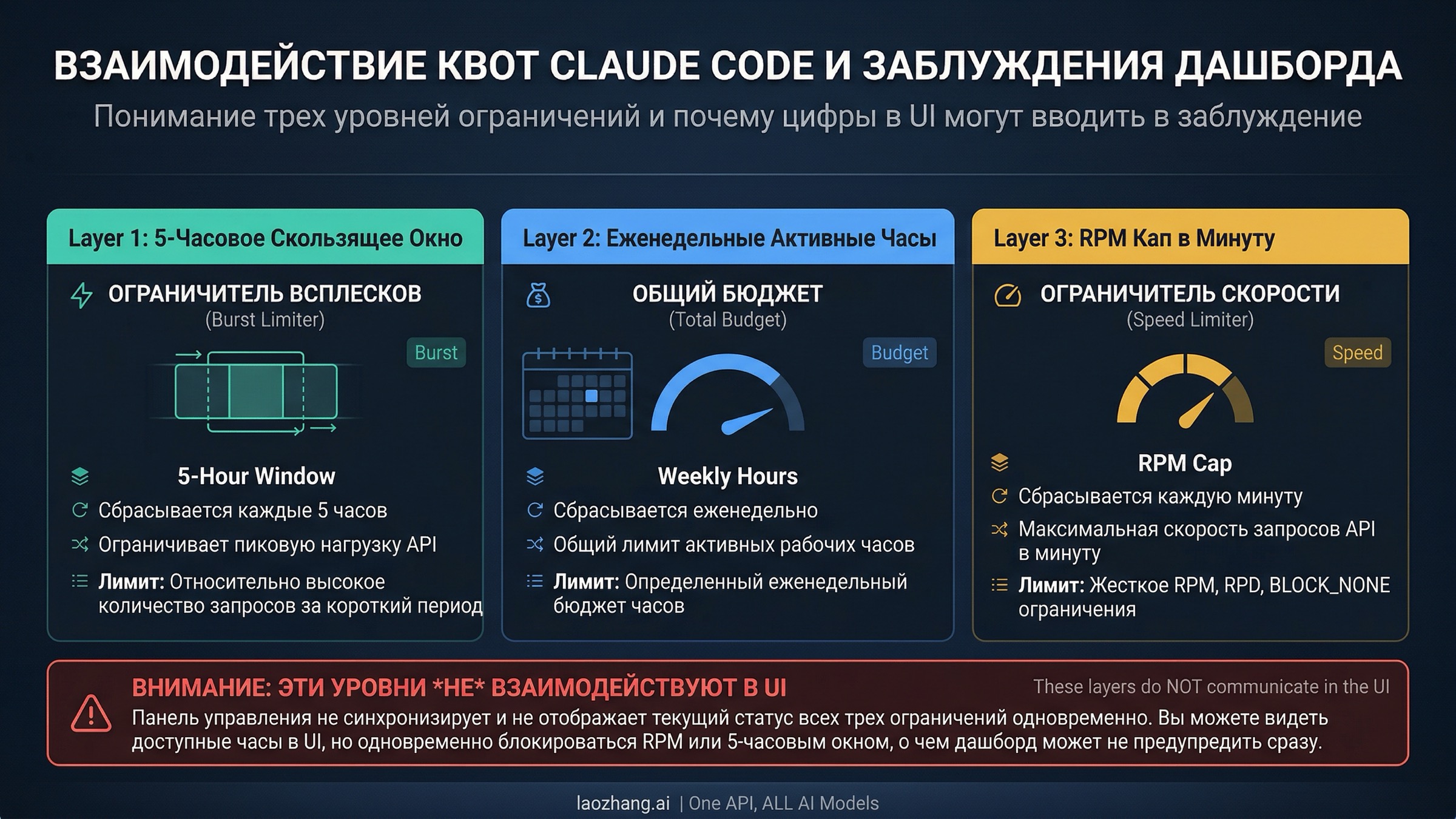 Схема трёхуровневой архитектуры квот в Claude Code: пятичасовое окно, недельные часы и ограничение RPM