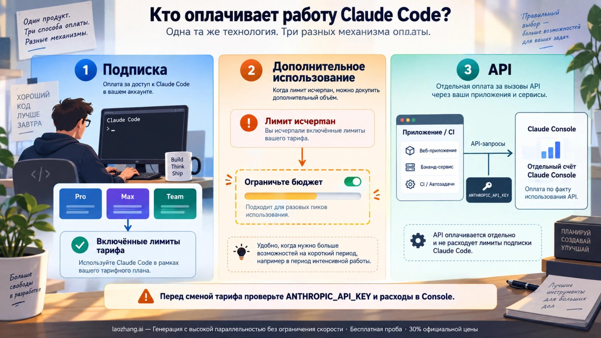 Три способа оплаты Claude Code: лимиты подписки, дополнительное использование и отдельный счёт API в Claude Console