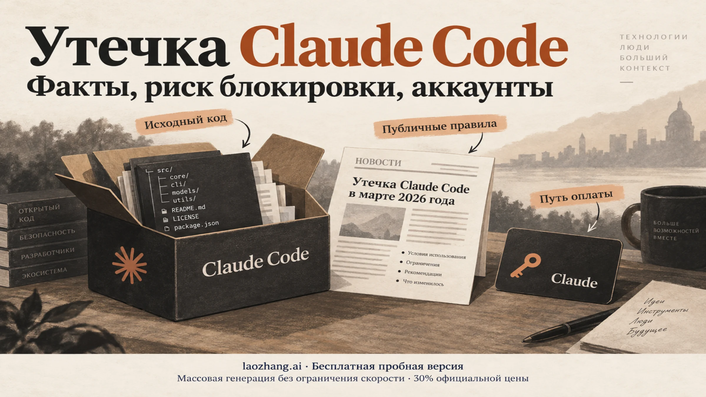 Иллюстрация утечки Claude Code, публичных правил и выбора пути оплаты