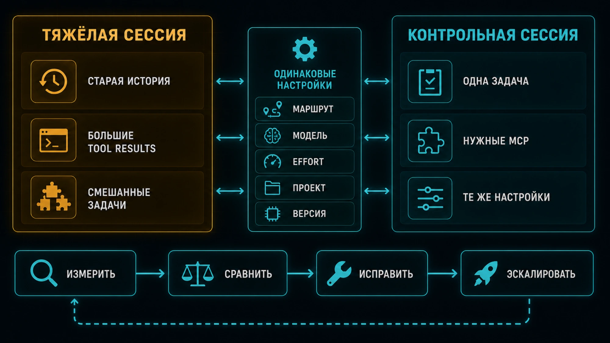 Сравнение тяжёлой и чистой контрольной сессии Claude Code