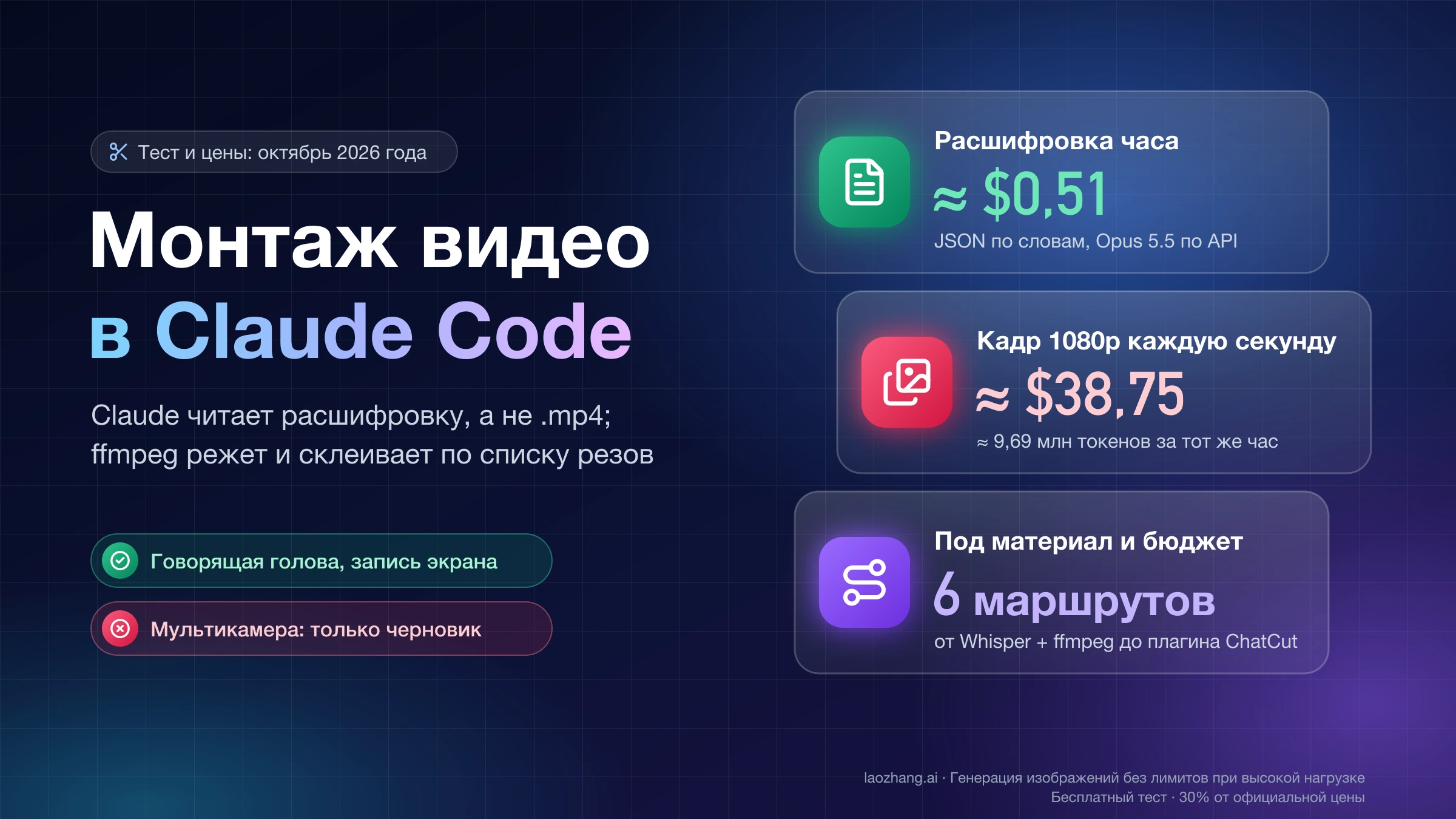 Монтаж видео в Claude Code: расшифровка часа материала около $0,51 против $38,75 за кадры 1080p и шесть маршрутов монтажа