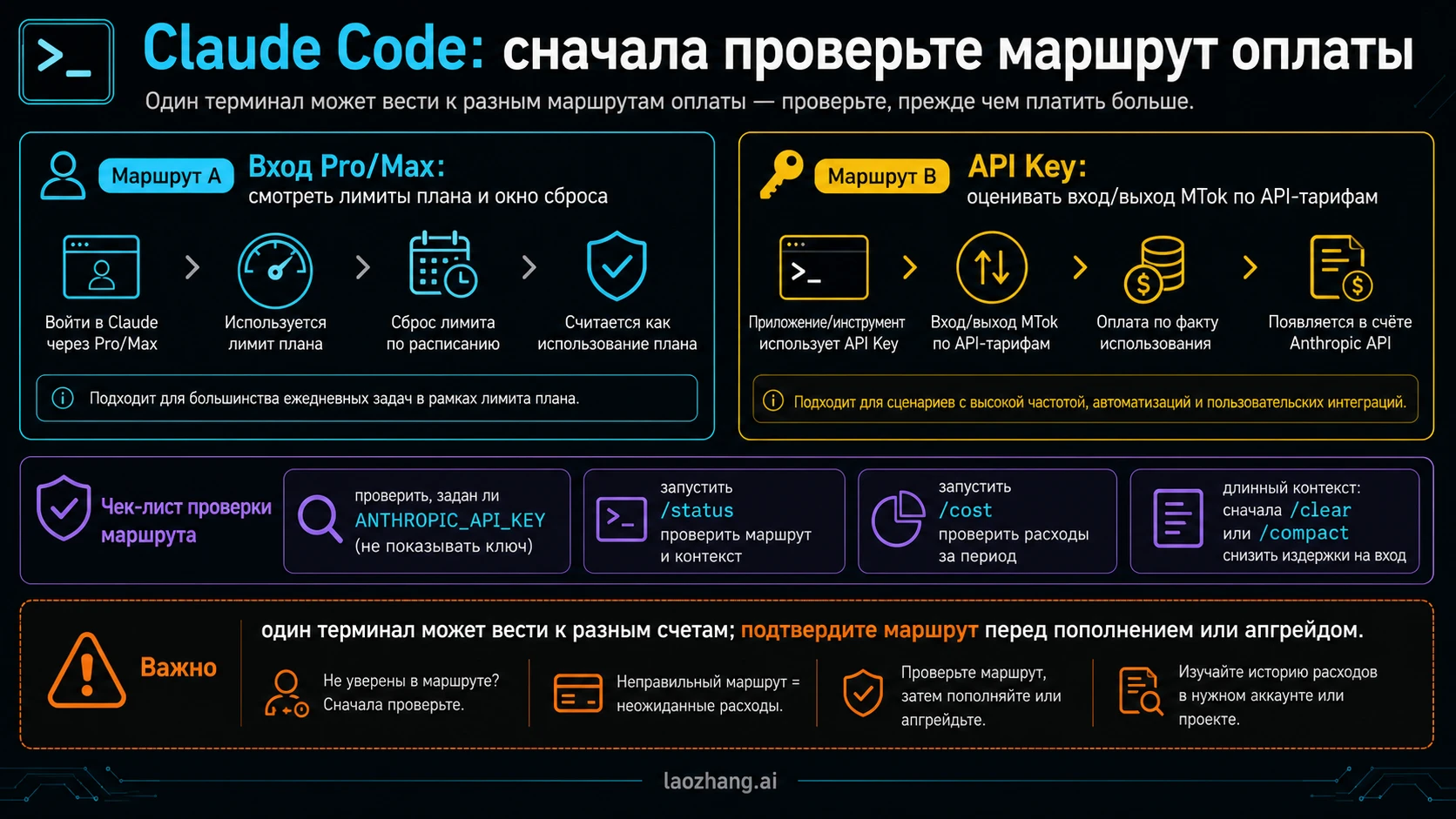 Проверка маршрута оплаты Claude Code Pro Max и API Key