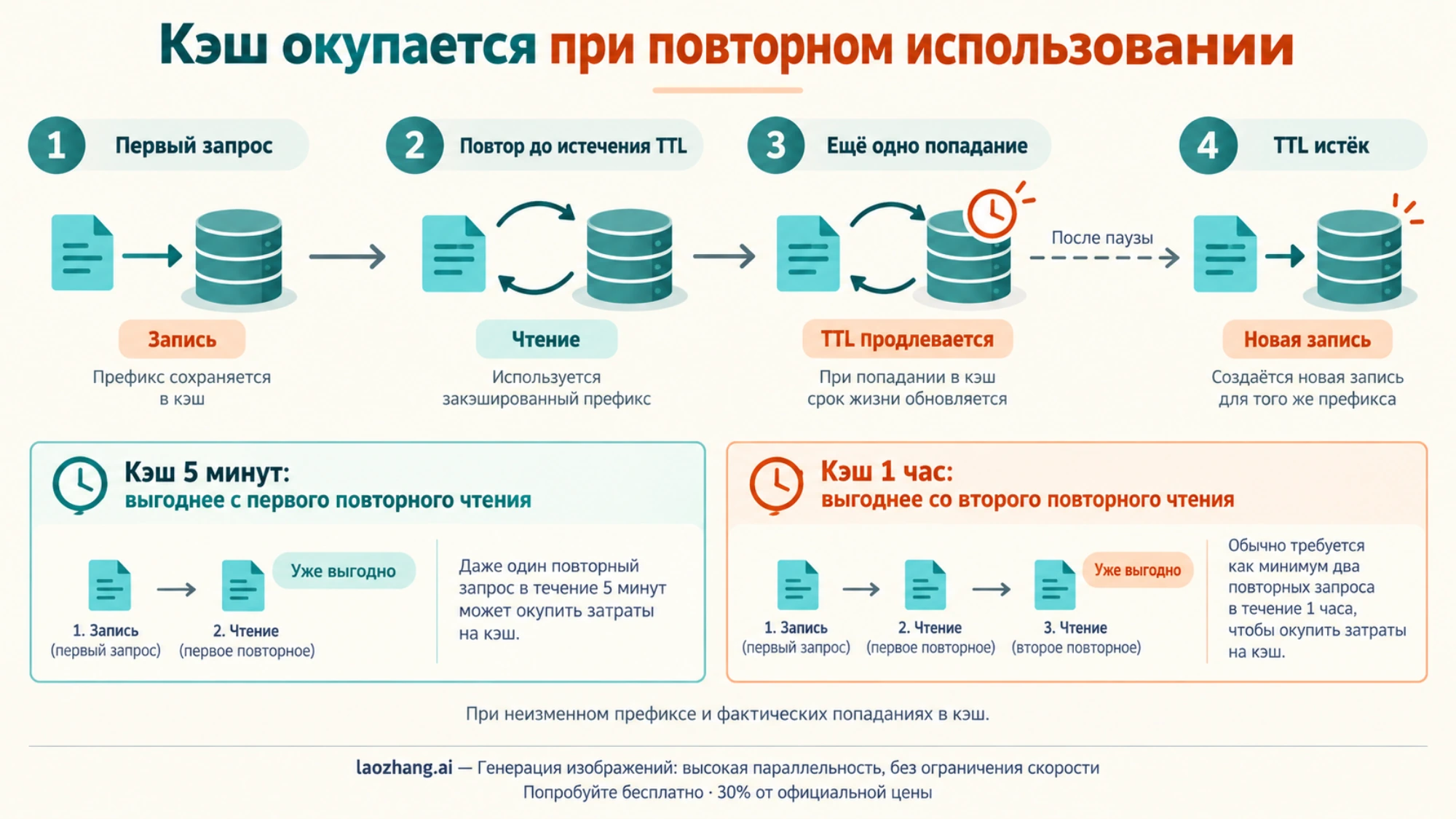 Запись префикса, повторные чтения с продлением TTL и новая запись после истечения срока кэша