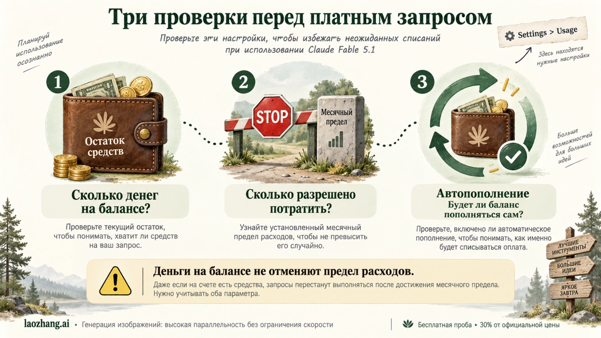 Три настройки платного использования: остаток средств, месячный предел и автопополнение