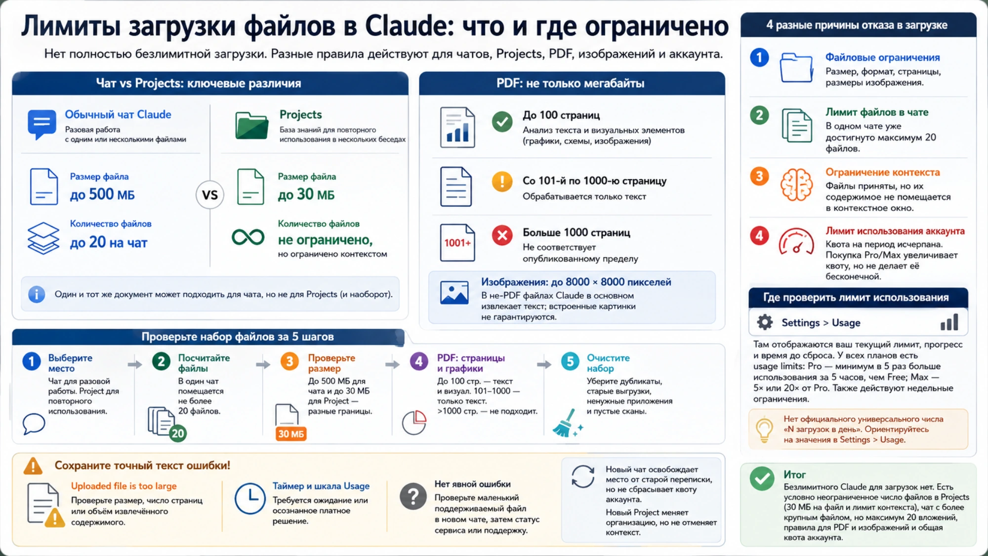Наглядное сравнение ограничений файлов в чате Claude и Projects