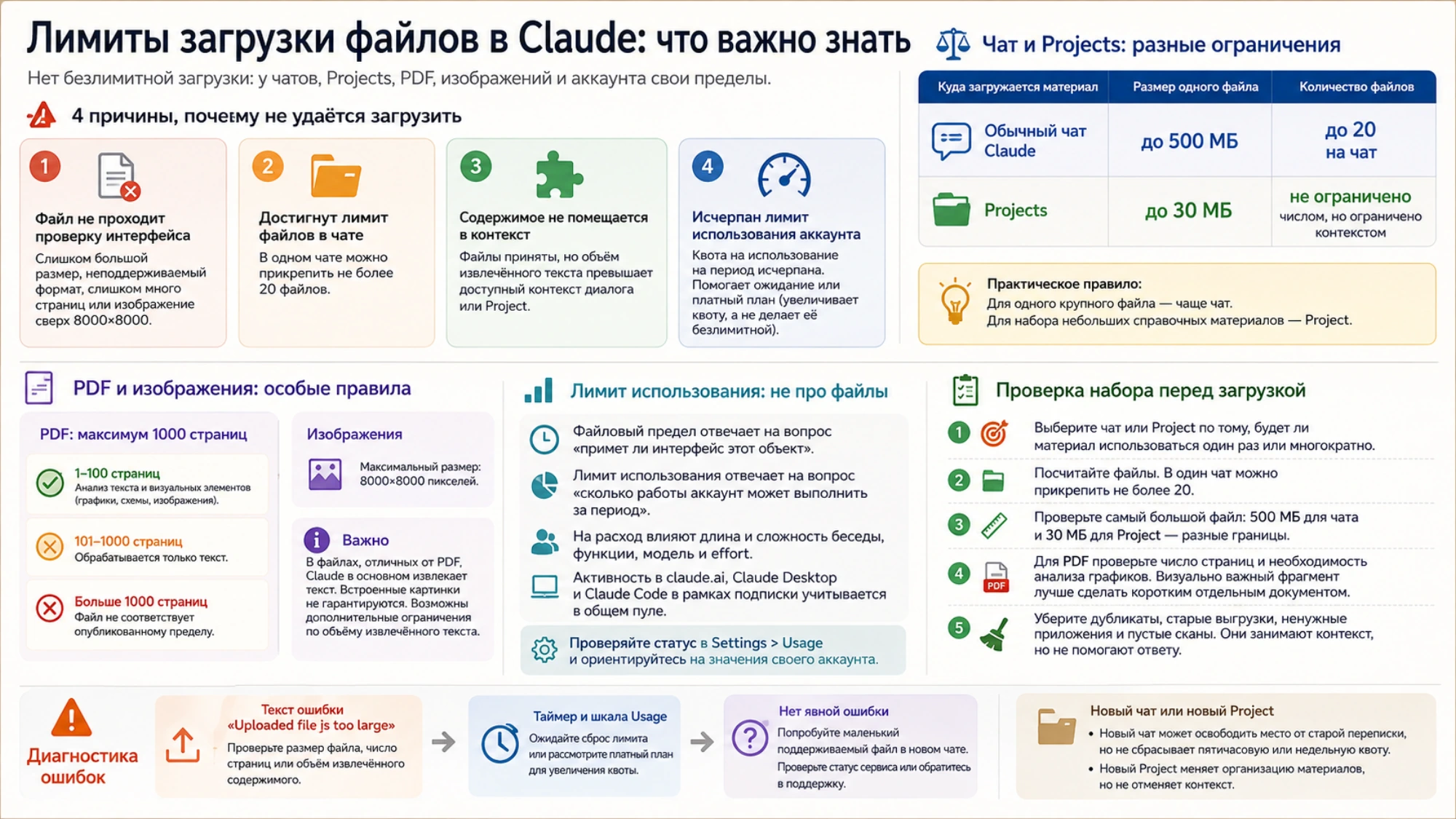 Схема проверки причины отказа при загрузке файла в Claude