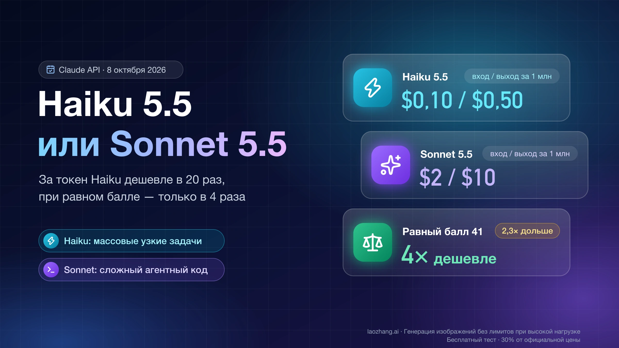 Claude Haiku 5.5 или Sonnet 5.5: цены $0,10 / $0,50 против $2 / $10 за 1 млн токенов, при равном балле 41 Haiku в 4 раза дешевле и в 2,3 раза дольше
