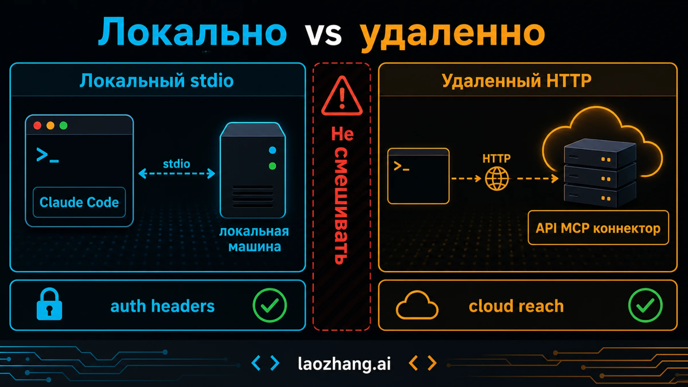 Диаграмма local vs remote boundary: Claude Code local stdio, API MCP connector remote HTTP, auth headers, cloud reach и предупреждение не смешивать paths.