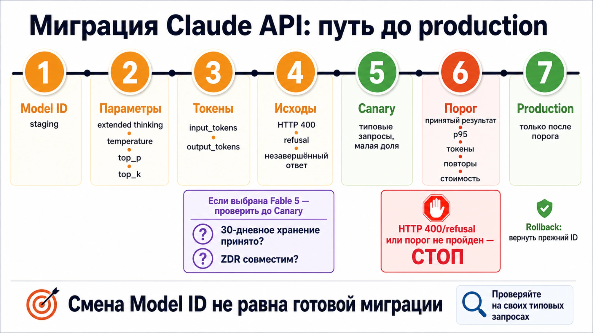 Проверка миграции Claude API: зафиксировать ID, проверить thinking и sampling, пересчитать токены, обработать ошибки, провести canary и только затем менять production.