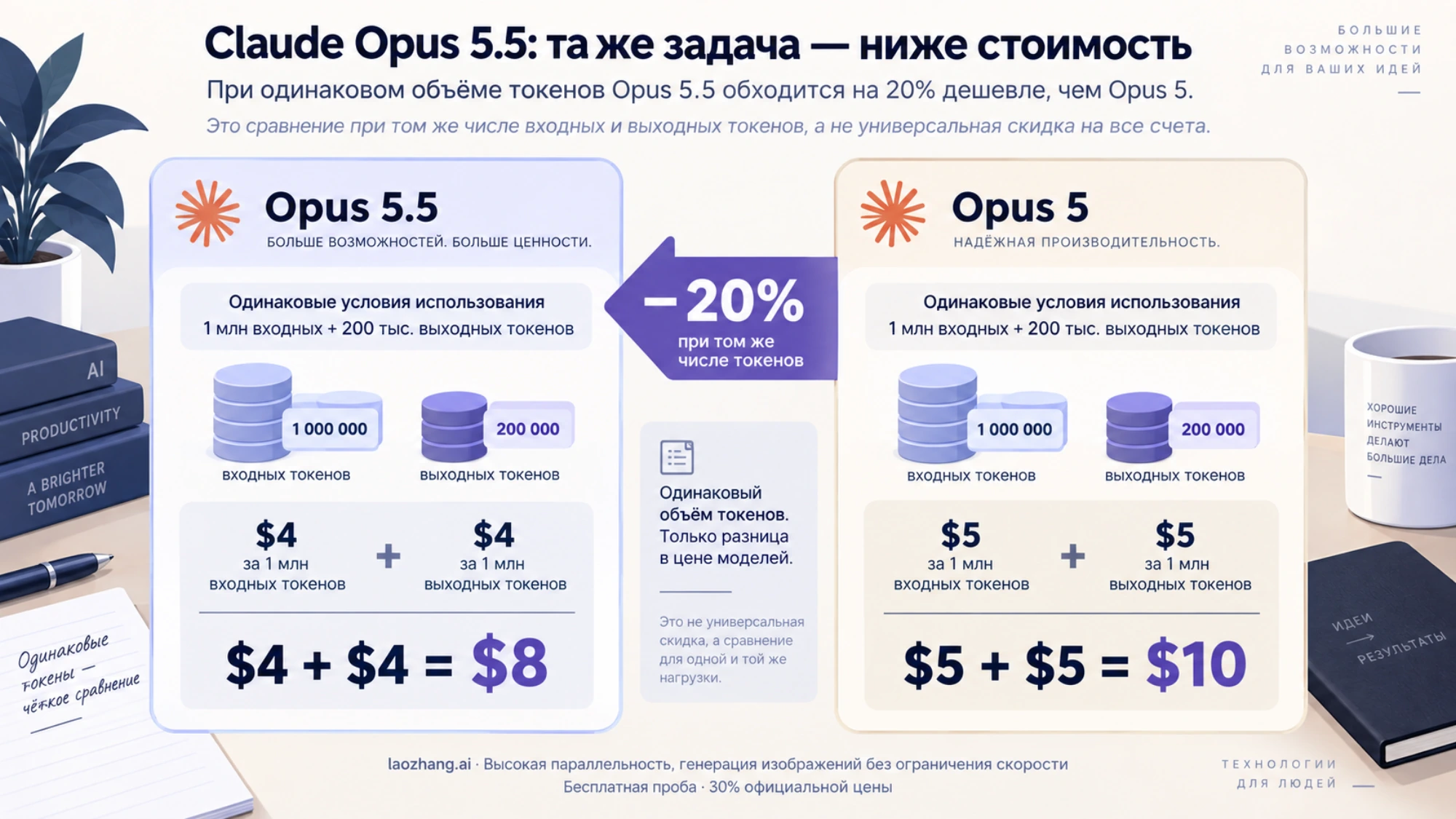 Иллюстрация сравнения стоимости Opus 5.5 и Opus 5 при одинаковом количестве входных и выходных токенов