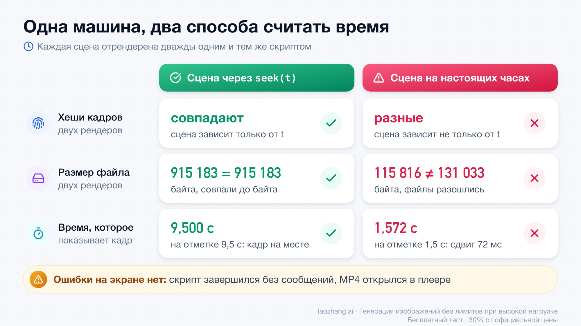 Сравнение двух сцен: у сцены через seek(t) хеши и размеры файлов совпадают, у сцены на настоящих часах они разные, а кадр сдвинут на 72 мс