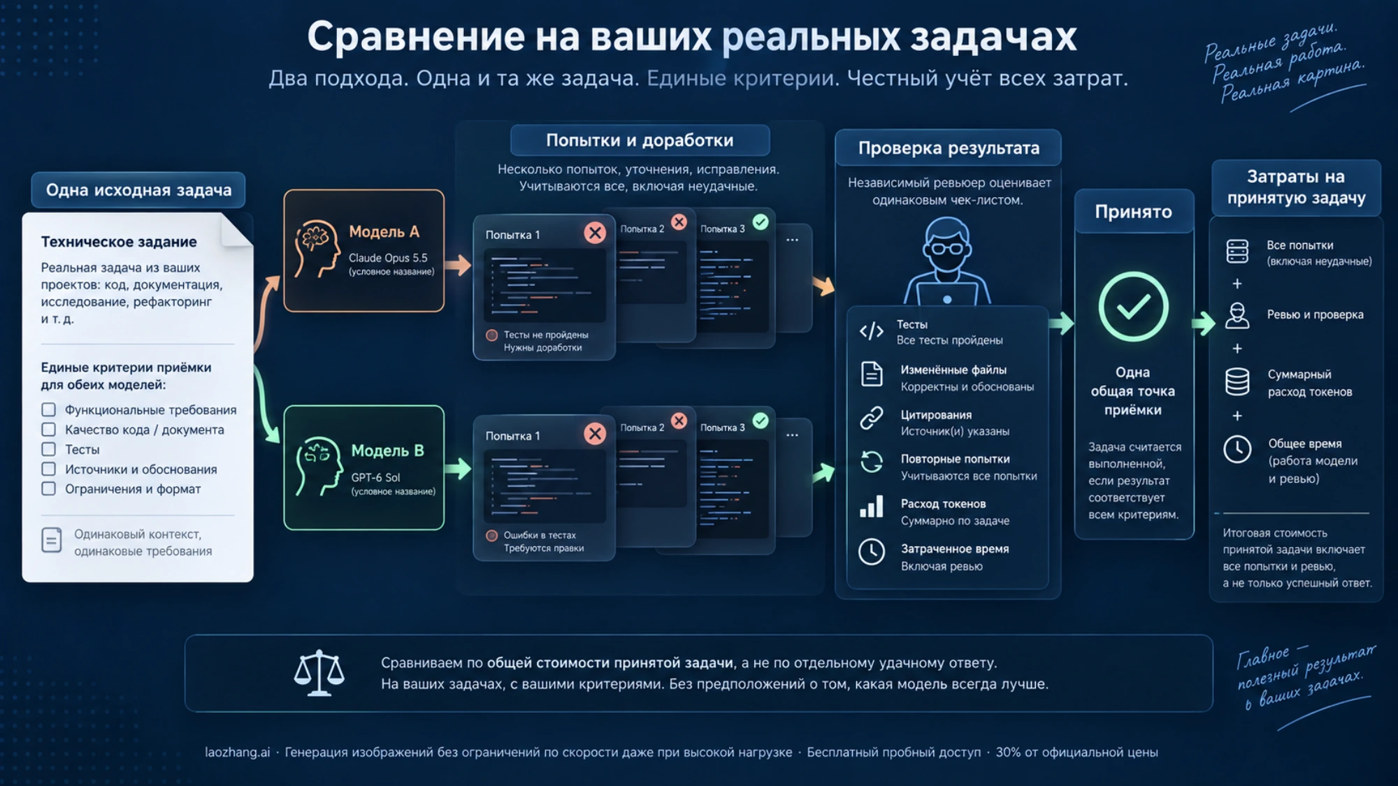 Одна задача для двух моделей проходит попытки, проверку и приёмку; затраты считают по всем попыткам и времени проверки