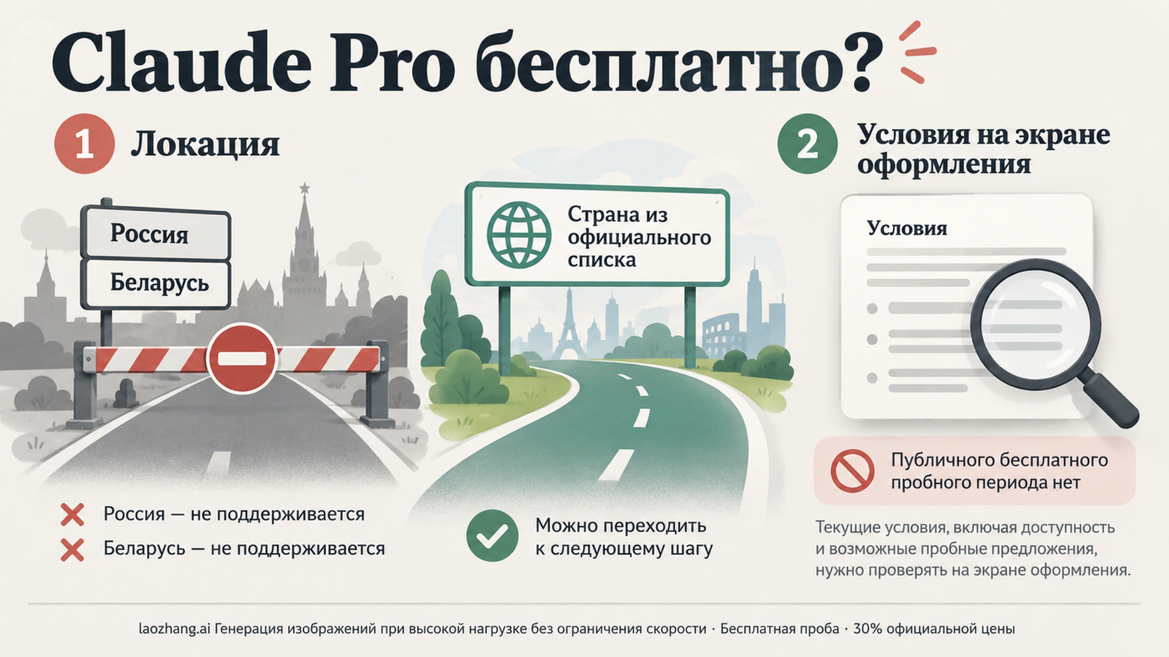 Монитор с вопросом «Claude Pro бесплатно?»: шлагбаум с отметкой «1. Локация» и карточка «2. Условия на экране оформления»