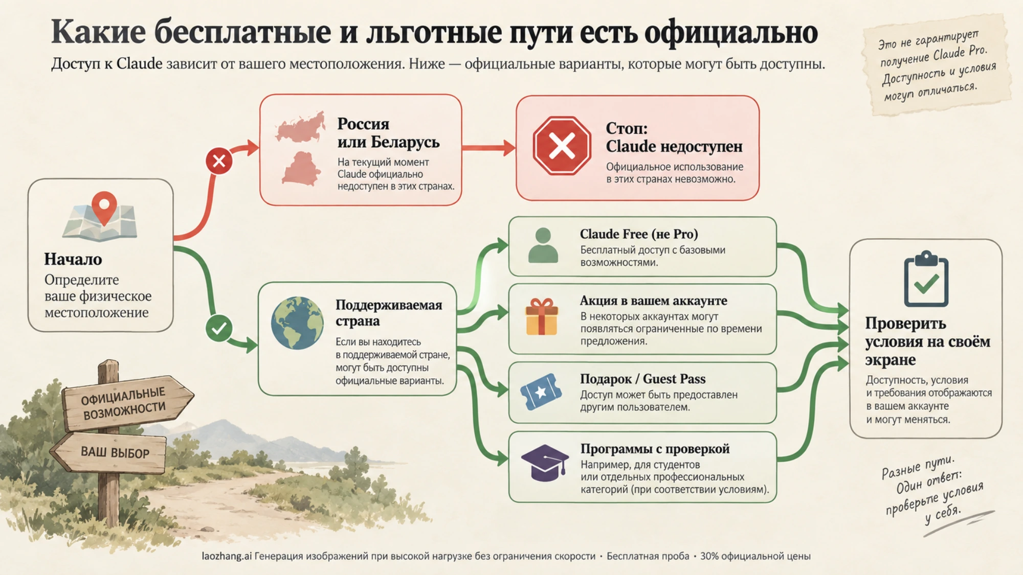 Схема выбора: из России или Беларуси путь заканчивается стопом, из страны официального списка ведут Claude Free, акция в аккаунте, подарок и программы с проверкой, а итог решает экран оформления на claude.ai