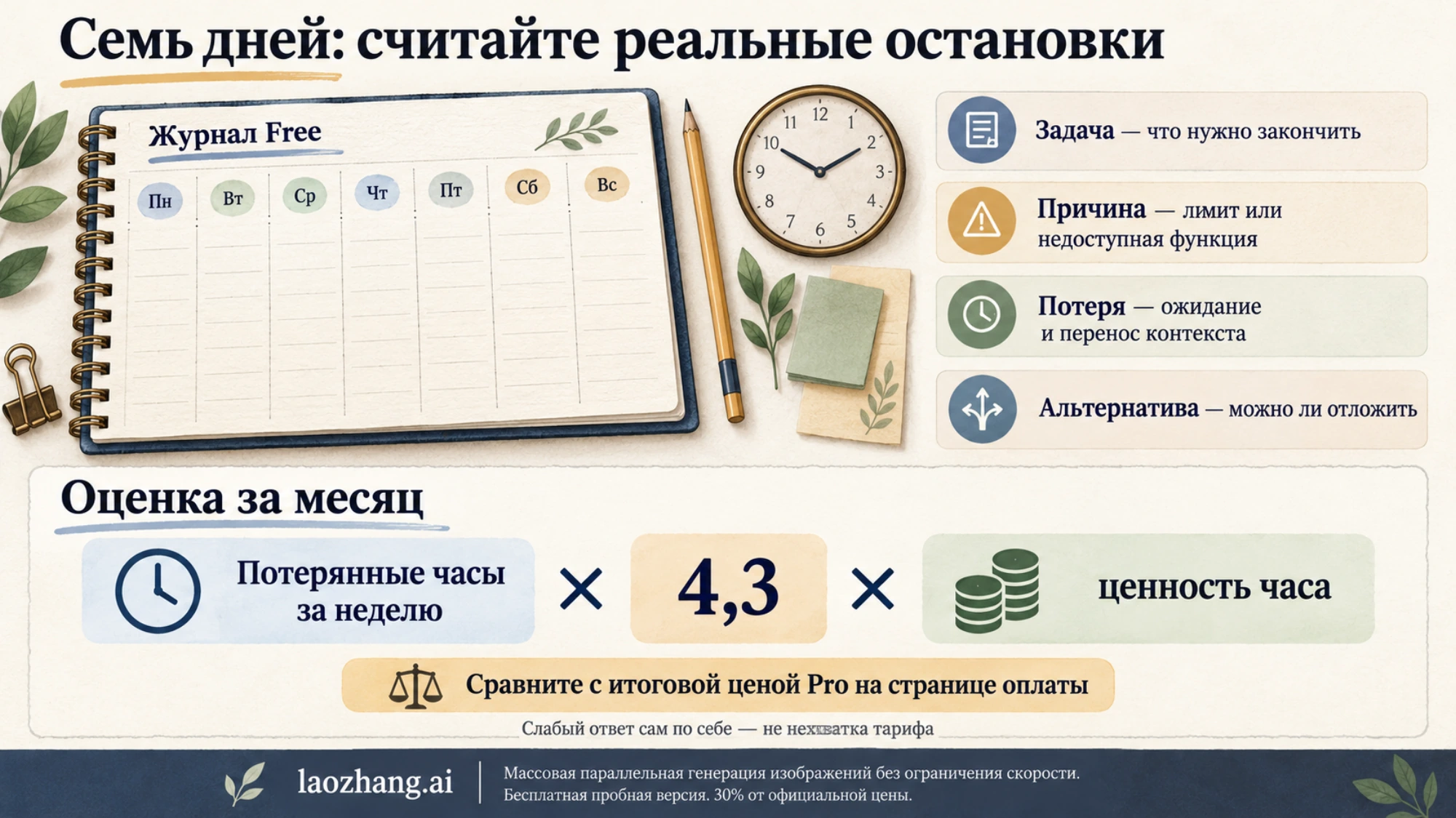 Семидневный журнал остановок Claude Free и расчёт месячной ценности потерянного времени