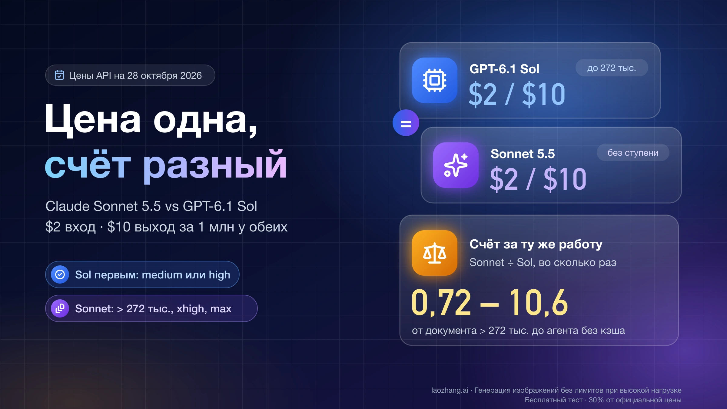 Claude Sonnet 5.5 и GPT-6.1 Sol стоят по $2 и $10 за 1 млн токенов, но счёт за ту же работу различается в 0,72–10,6 раза