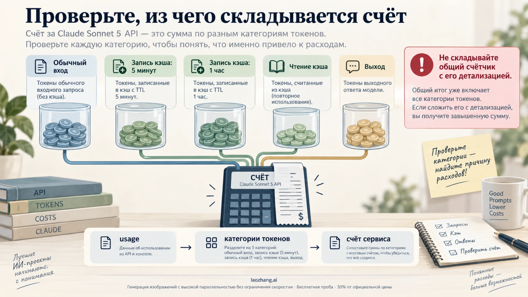 Пять категорий токенов Sonnet 5 для сверки счёта: обычный вход, запись кэша на 5 минут и 1 час, чтение кэша и выход