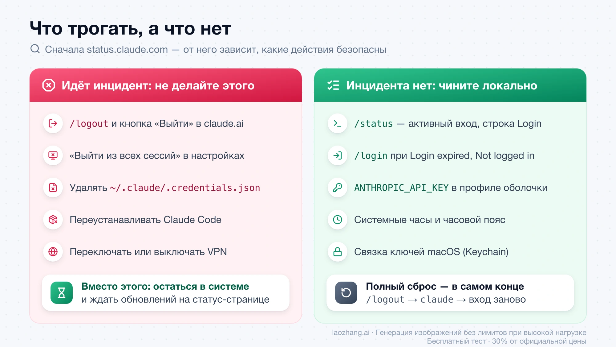 Две колонки: что нельзя делать во время инцидента у Anthropic и что проверять в Claude Code, когда статус-страница чистая