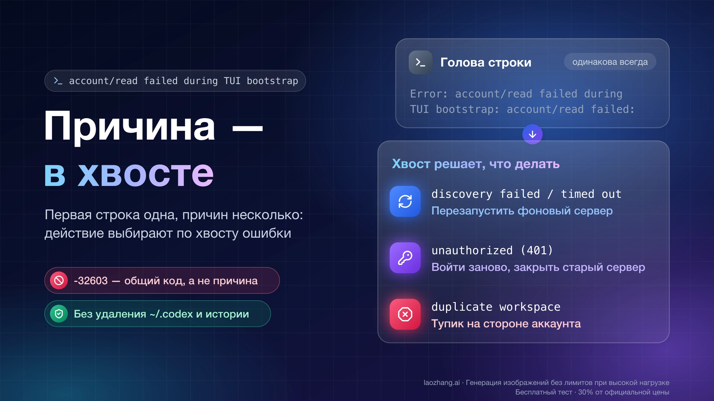 Ошибка account/read failed during TUI bootstrap в Codex: одинаковая голова строки и хвосты discovery failed, unauthorized (401) и duplicate workspace с действием для каждого