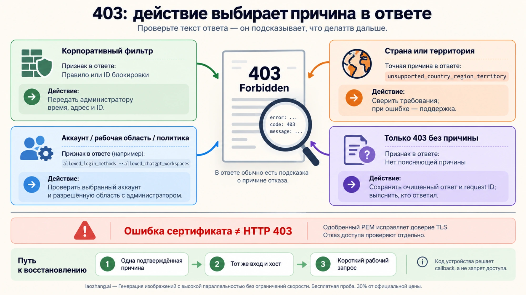 Как выбрать действие по ответу 403 в Codex: корпоративный фильтр, страна, политика рабочей области или отказ без причины