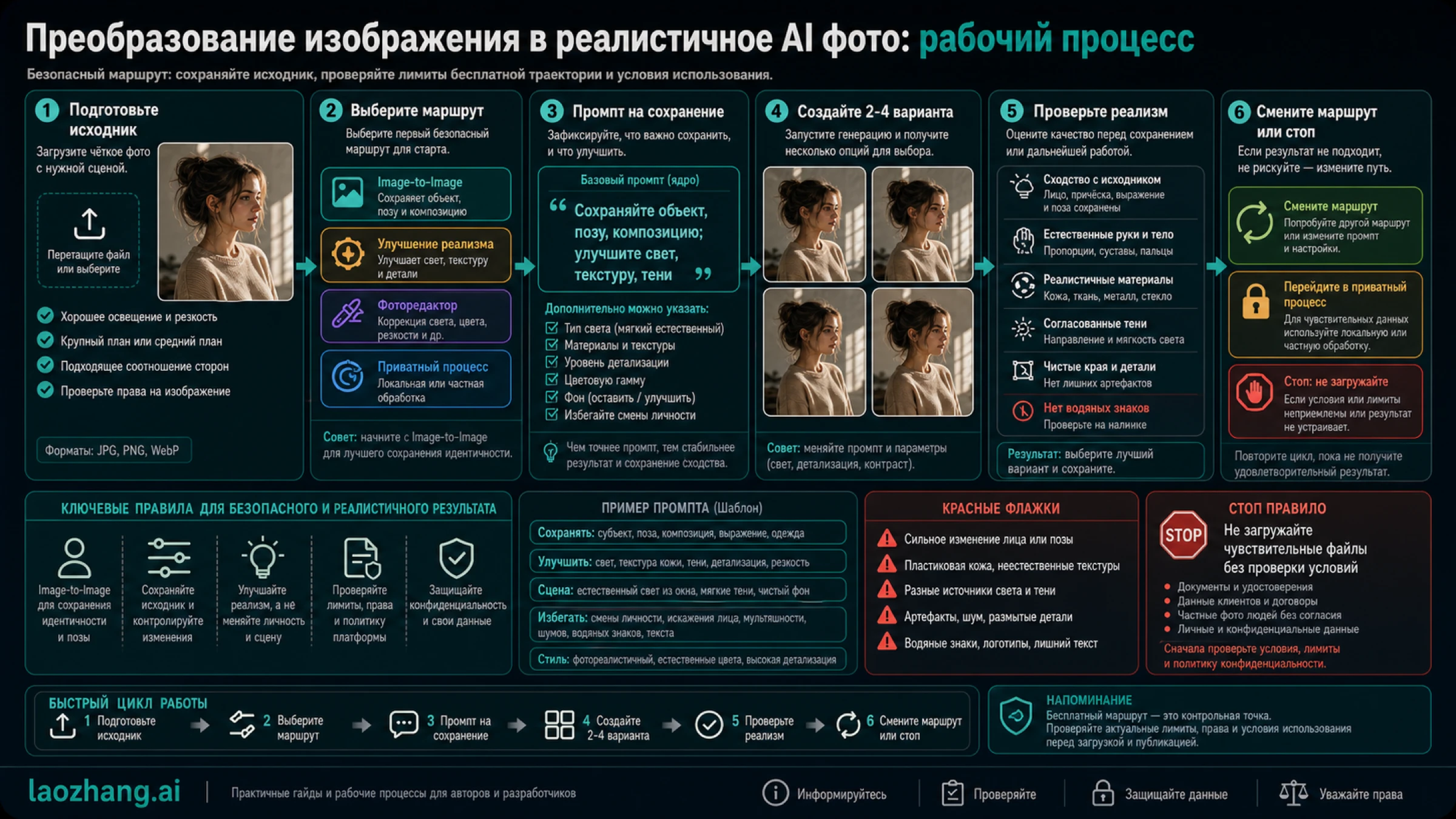 Безопасная последовательность: подготовка исходника, выбор маршрута, промпт сохранения, генерация, проверка, смена или остановка