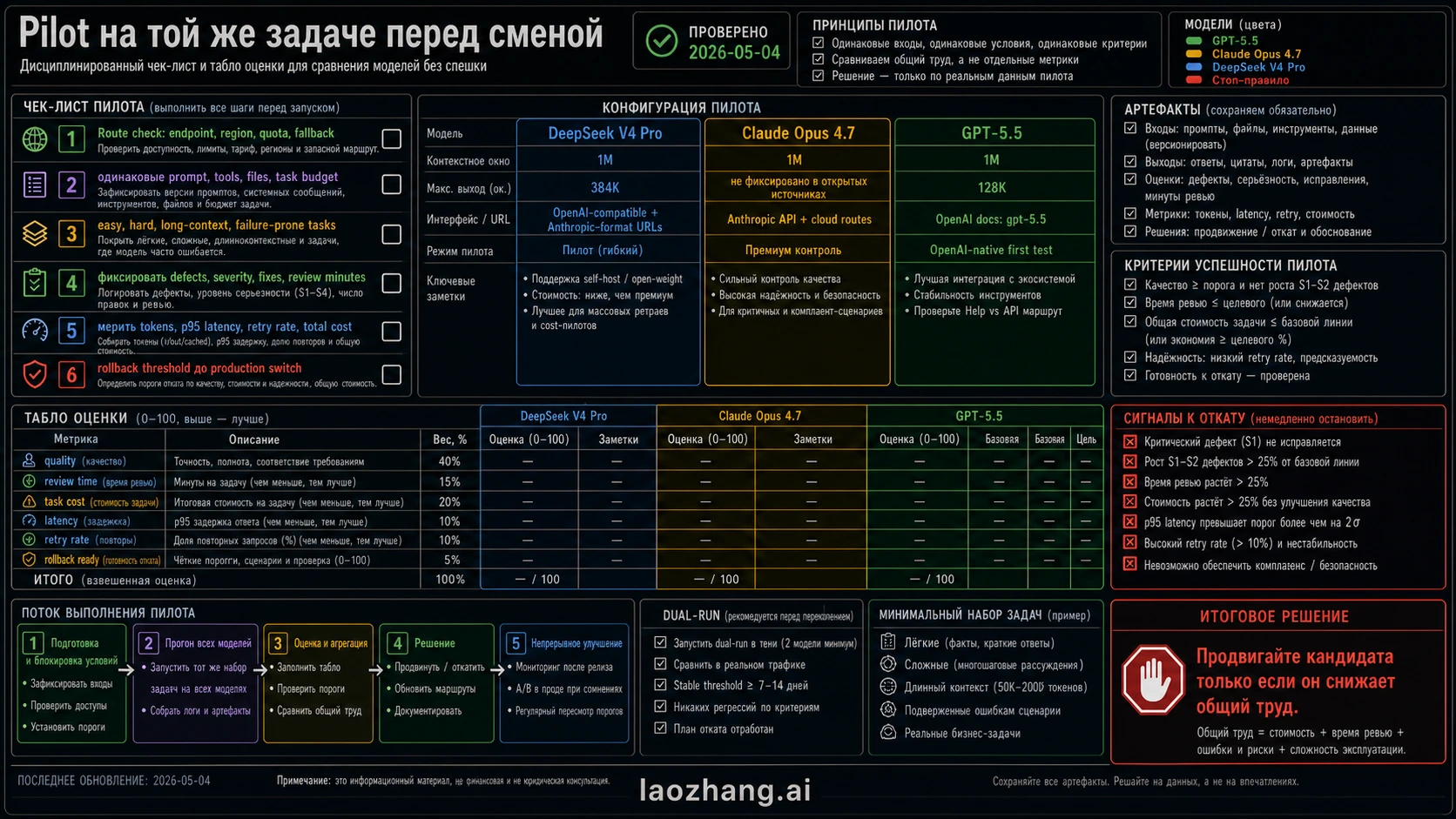 Codex-direct same-task pilot checklist для GPT-5.5, Claude Opus 4.7 и DeepSeek V4 Pro перед production switching