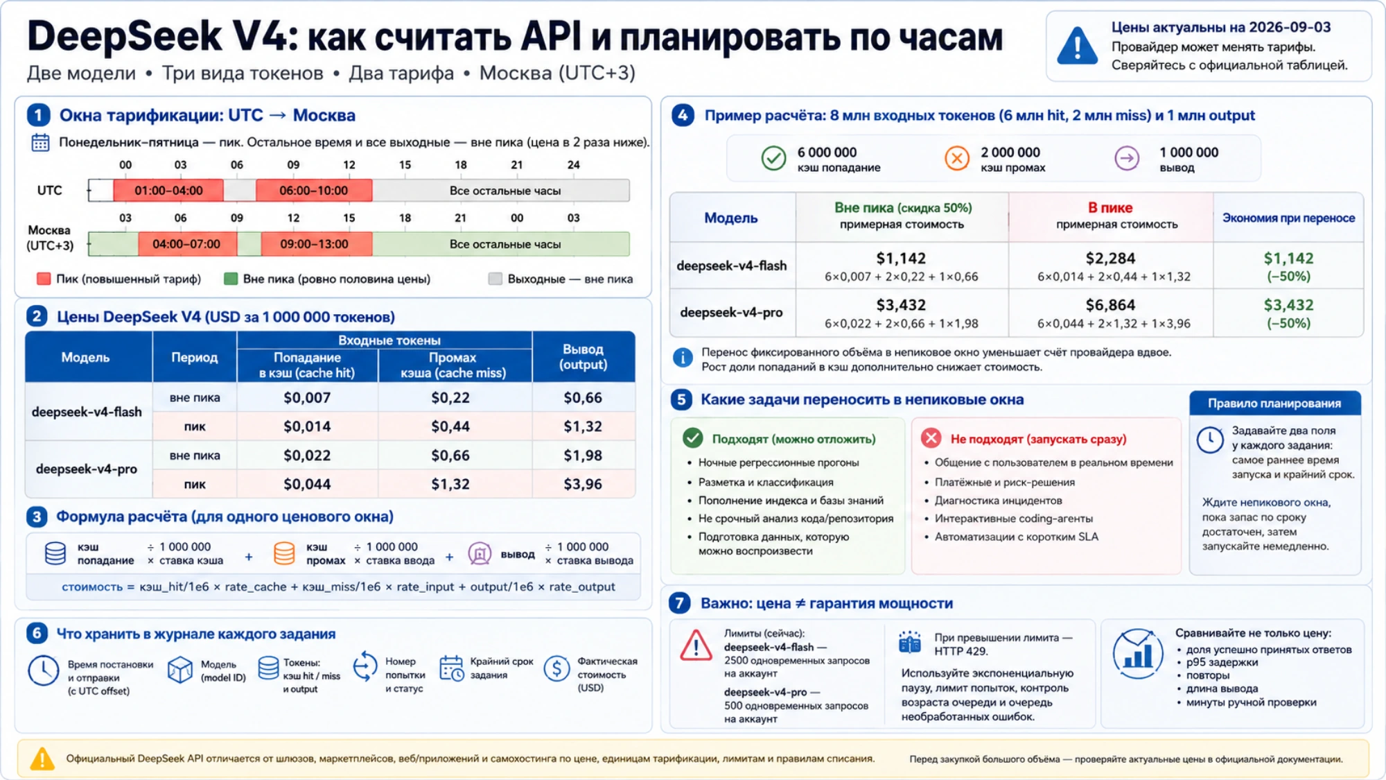 Расчёт стоимости токенов DeepSeek V4 Flash и Pro в пик и вне пика
