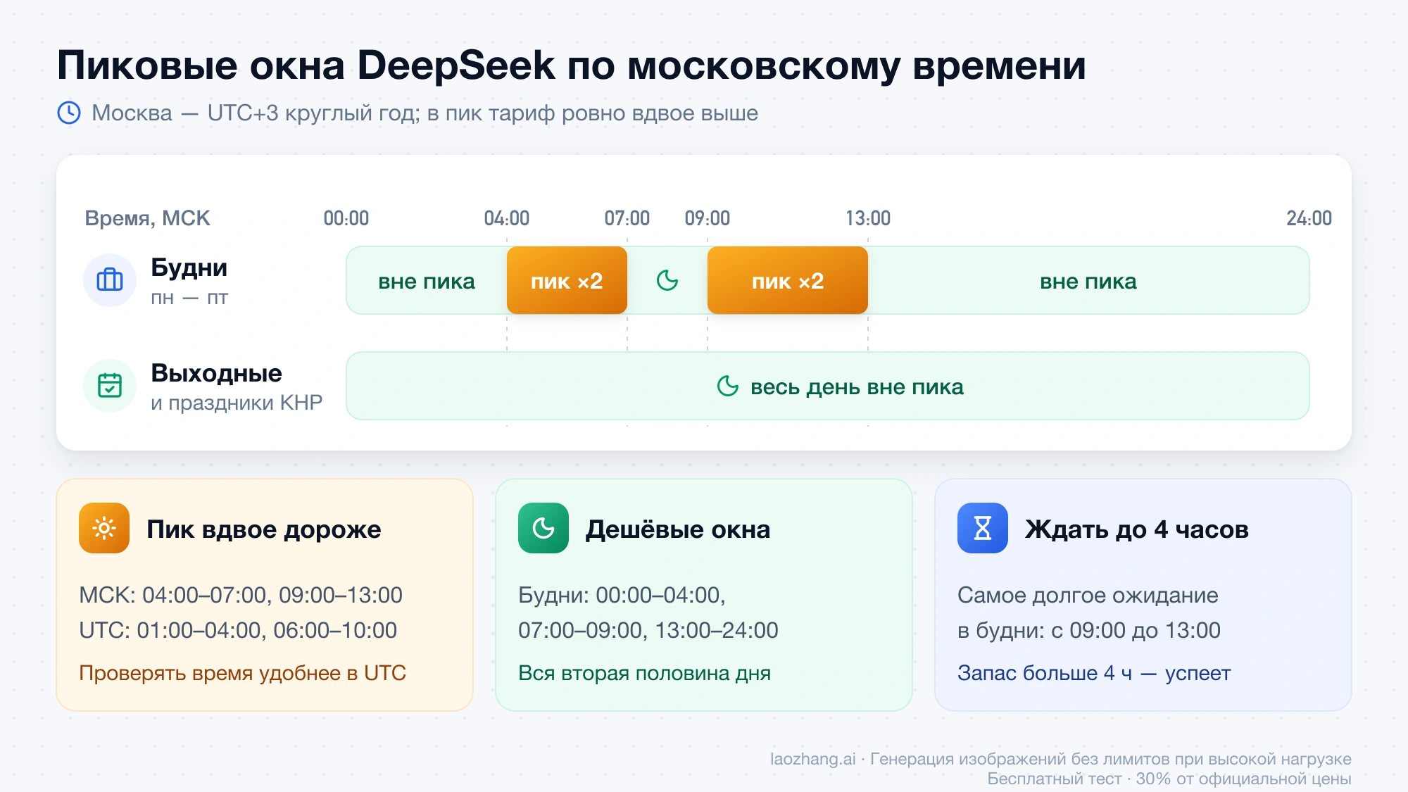 Сутки по московскому времени: в будни пиковый тариф с 04:00 до 07:00 и с 09:00 до 13:00, в выходные и праздники КНР весь день вне пика
