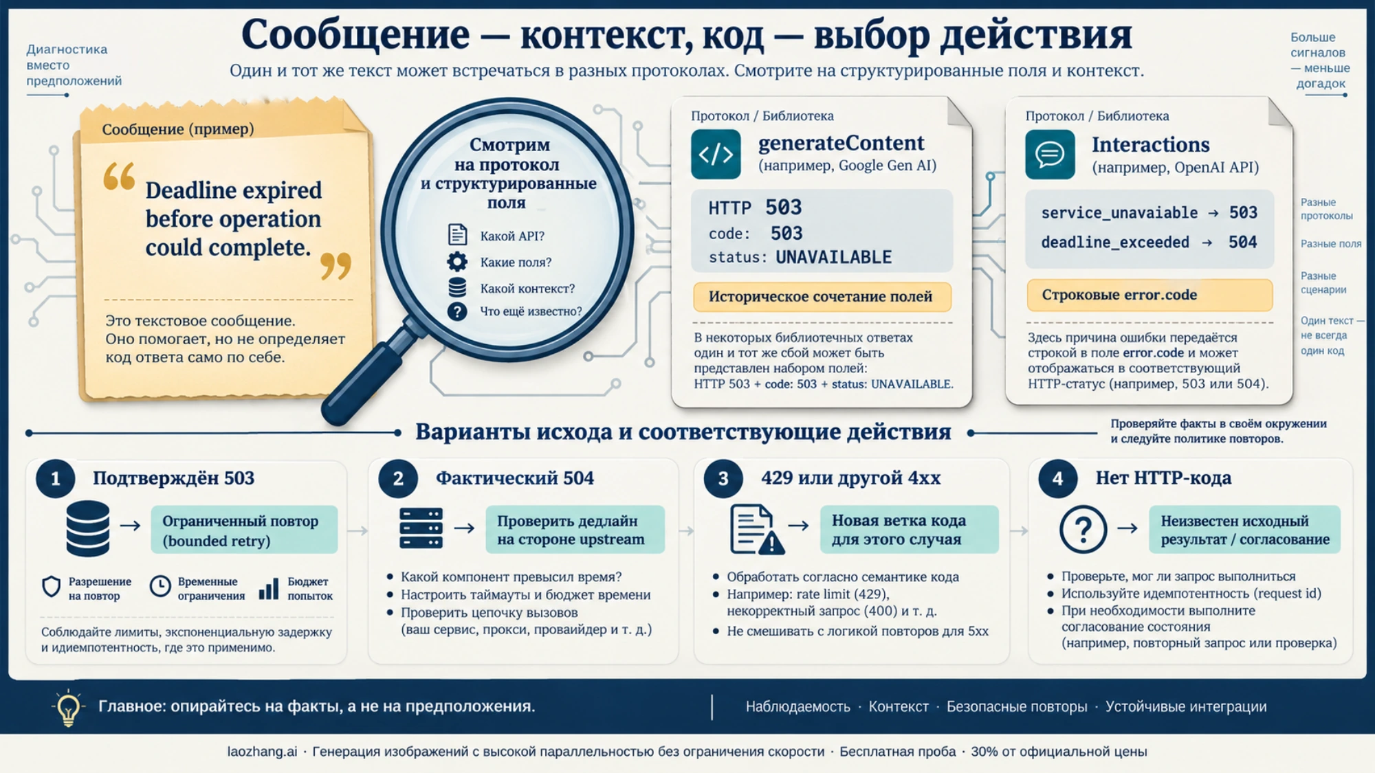 Deadline expired сверяется с типом кода generateContent или Interactions; 503, 504, новый 4xx и отсутствие HTTP ведут к разным действиям