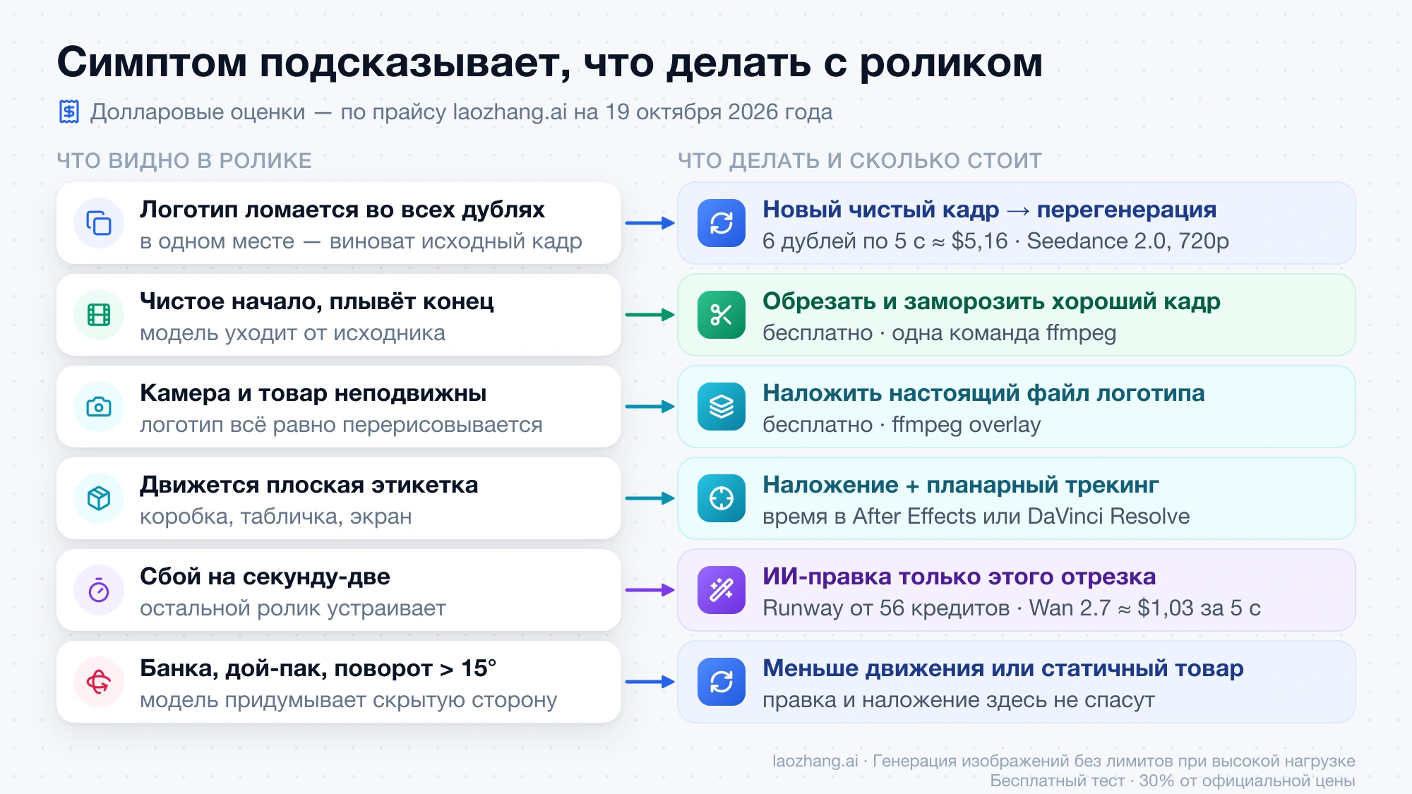 Схема: шесть симптомов искажённого логотипа и что делать в каждом случае — перегенерация, обрезка, наложение, трекинг или ИИ-правка отрезка
