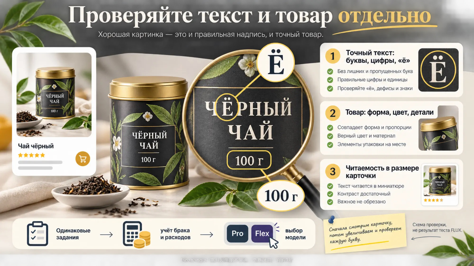 Схема проверки русской этикетки: точные буквы и цифры, сохранение товара и читаемость надписи в размере карточки