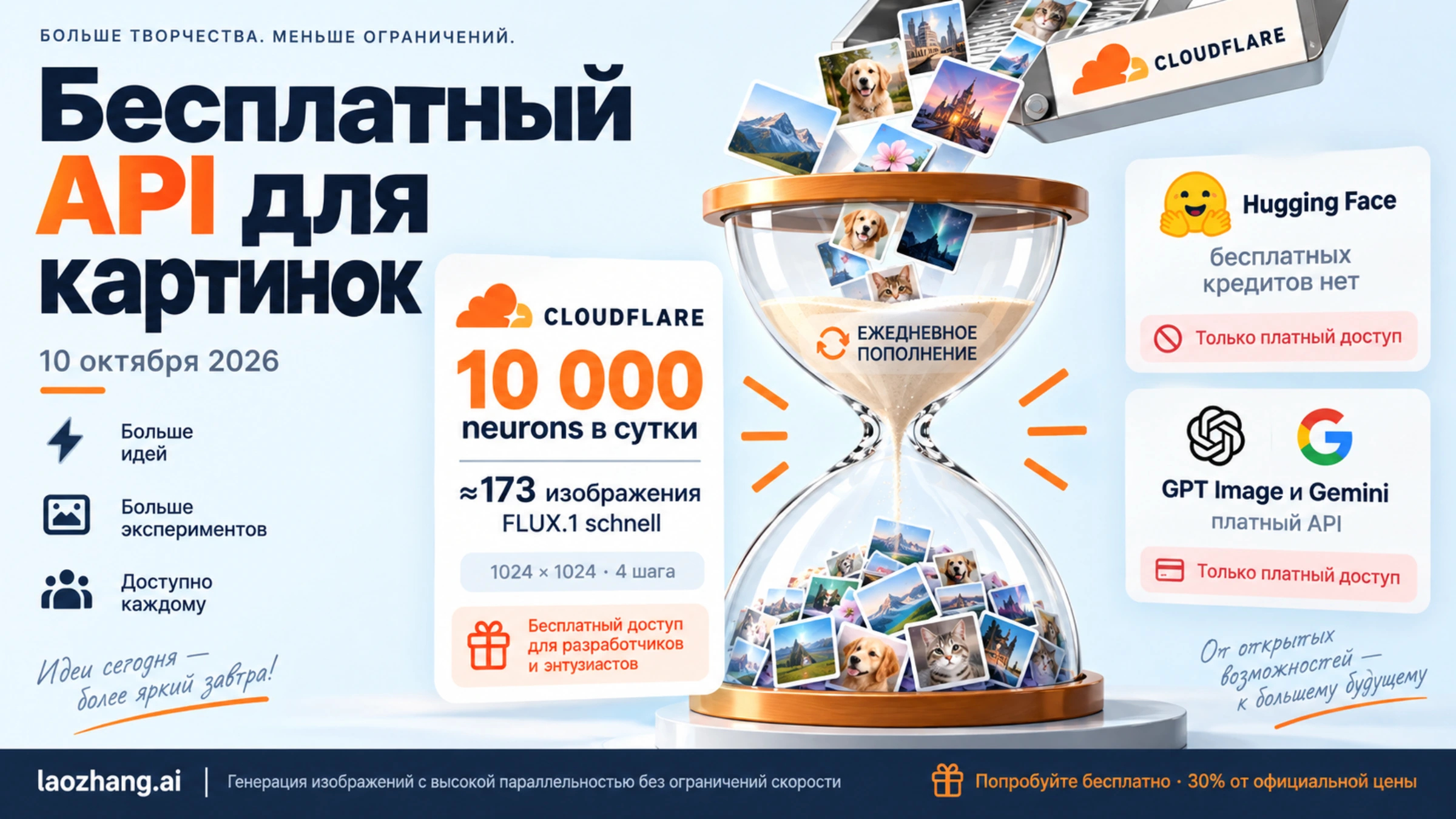 Бесплатный API изображений на 10 октября 2026 года: Cloudflare даёт ежедневную квоту, а бесплатные кредиты Hugging Face отменены и GPT Image с Gemini оплачиваются отдельно