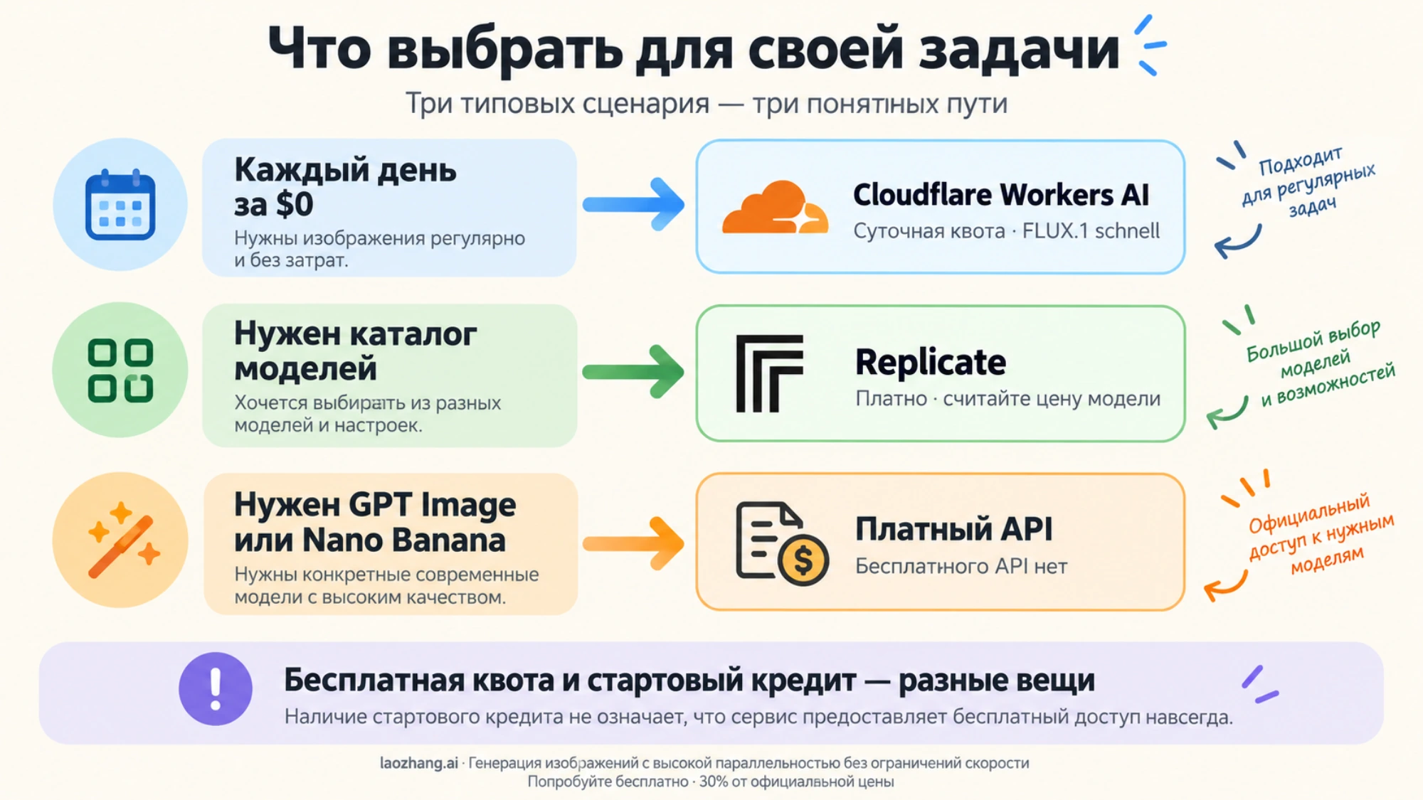Выбор API изображений по задаче: Cloudflare для ежедневной бесплатной квоты, Replicate для платного каталога моделей, GPT Image или Nano Banana при требовании конкретной модели
