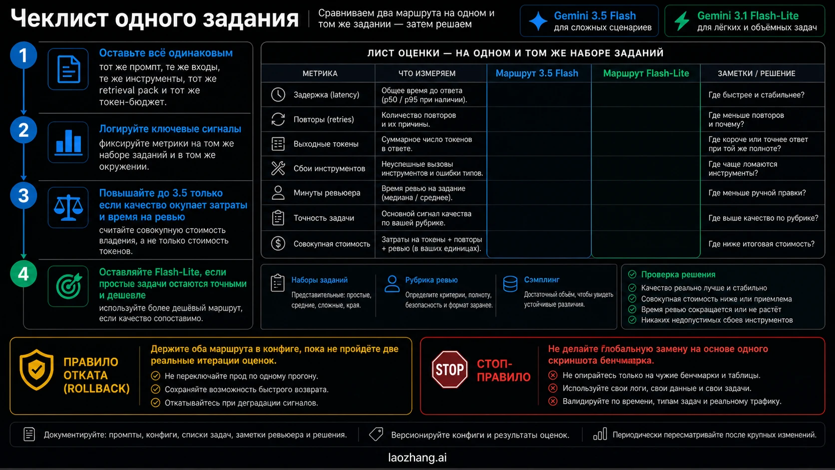 Same-task switch checklist for Gemini 3.5 Flash and Gemini 3.1 Flash-Lite