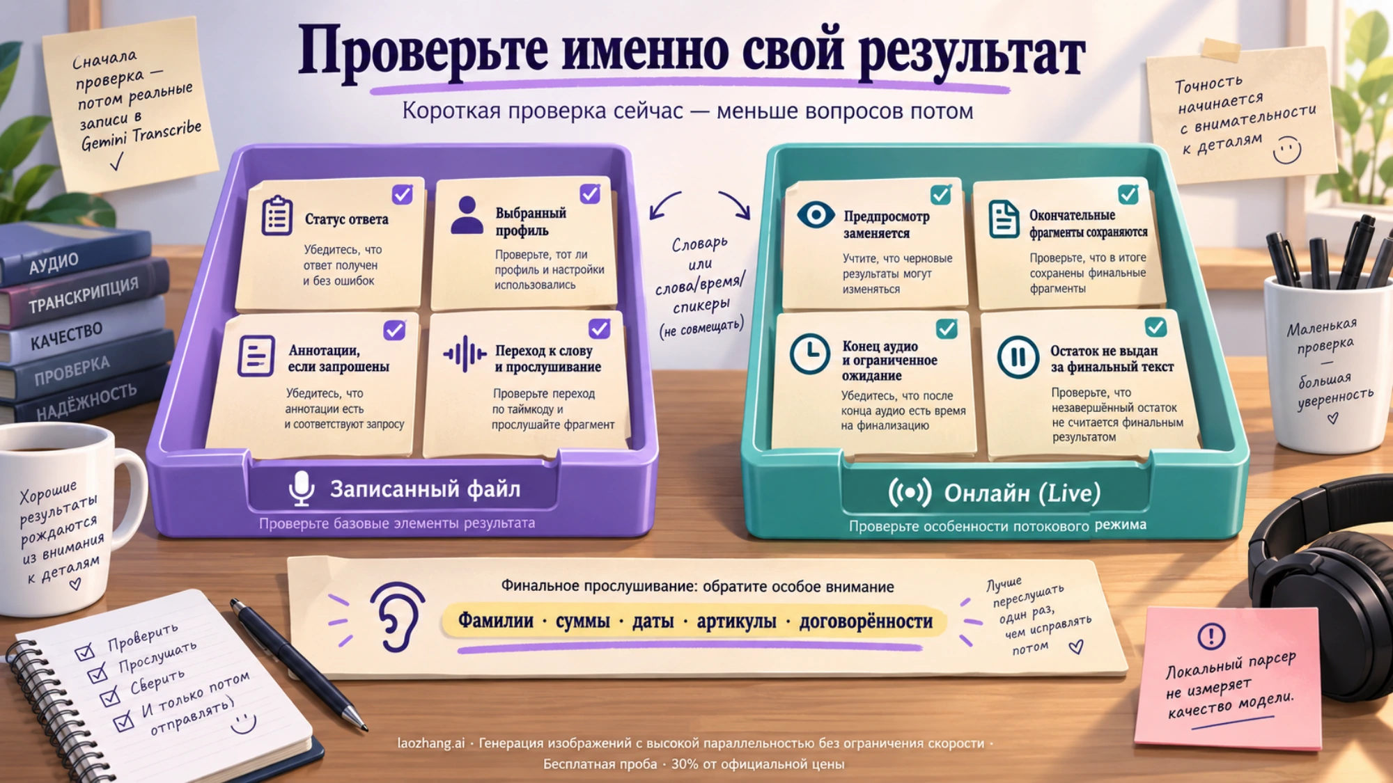 Отдельные проверки записи и Live: профиль, аннотации, предварительный и окончательный текст, прослушивание важных сущностей