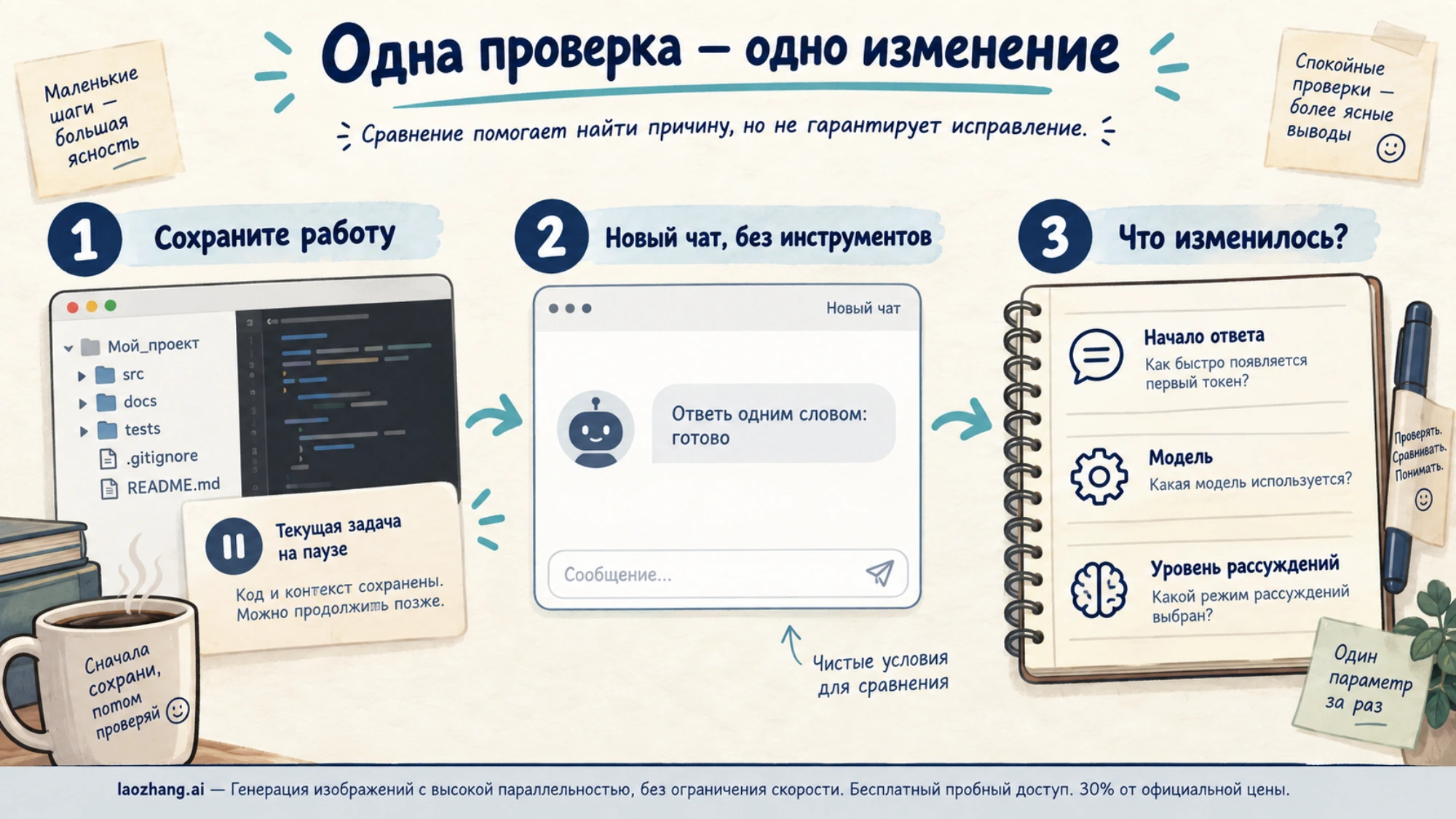 Схема короткой проверки: сохранить работу, задать вопрос в новом чате без инструментов и сравнить результат
