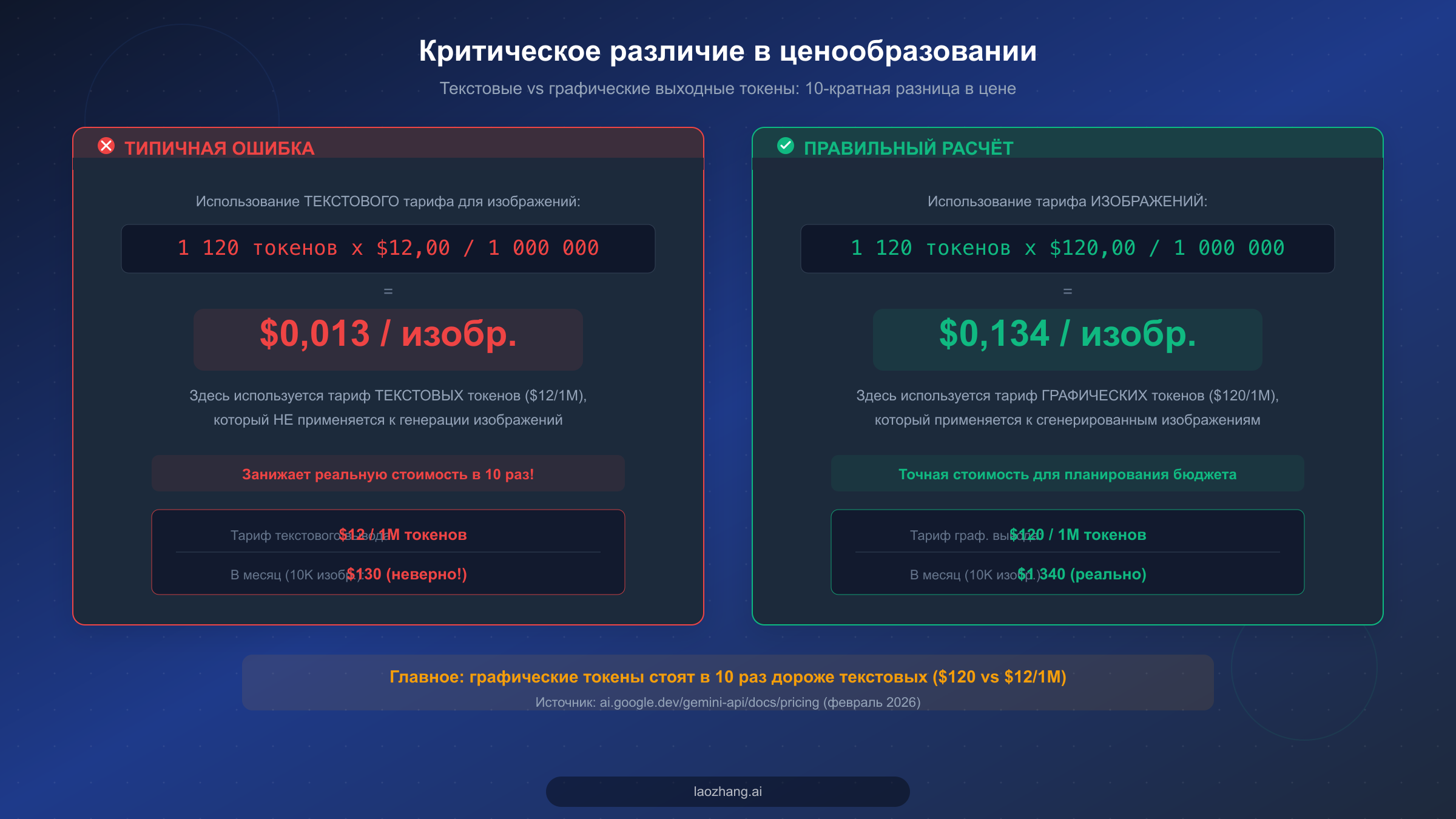 Диаграмма, показывающая критическую 10-кратную разницу между текстовыми выходными токенами по $12 за миллион и выходными токенами изображений по $120 за миллион для Gemini 3 Pro
