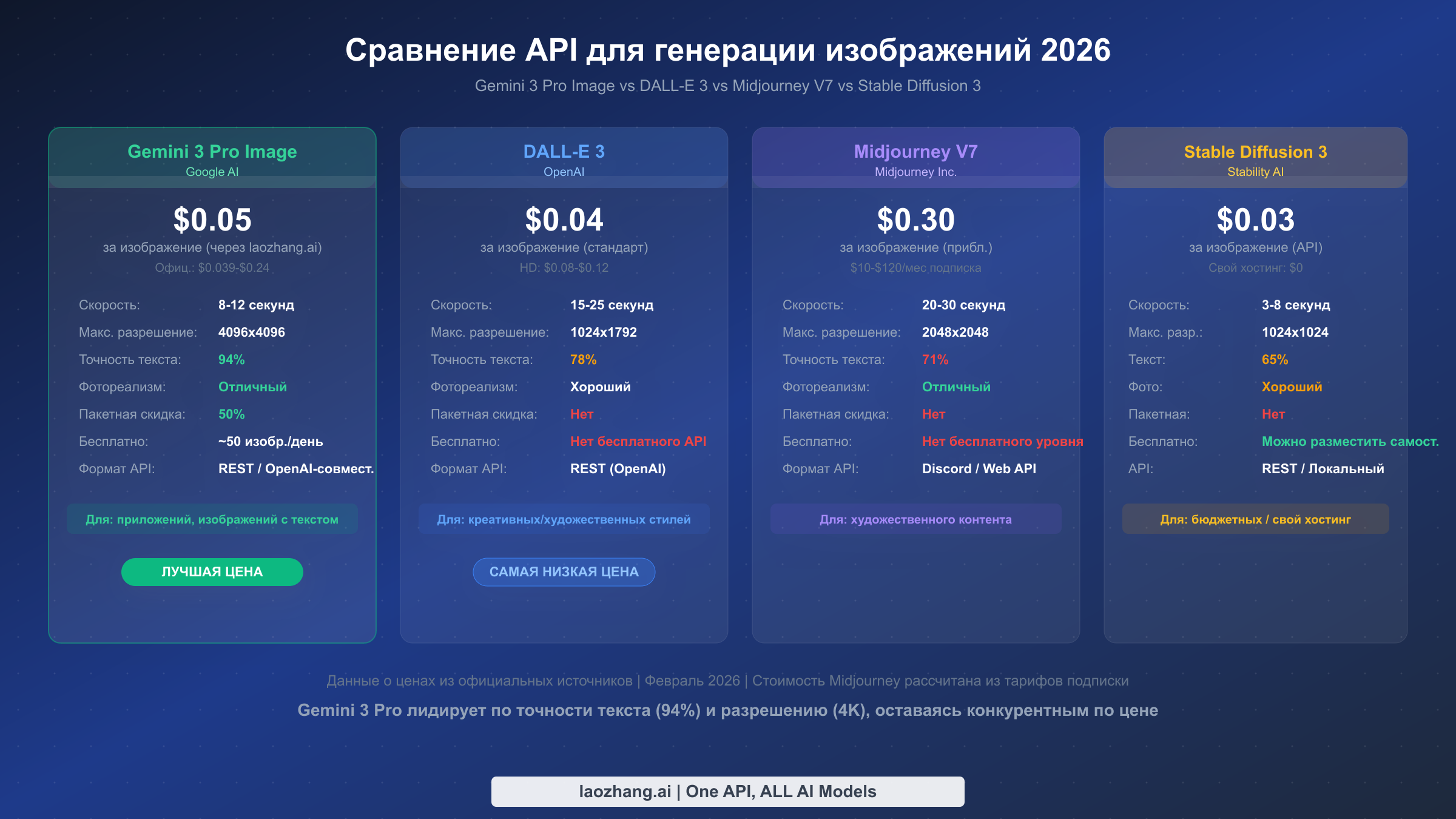 Сравнение четырёх API генерации изображений ИИ: цены, скорость и метрики качества для Gemini, DALL-E, Midjourney и Stable Diffusion