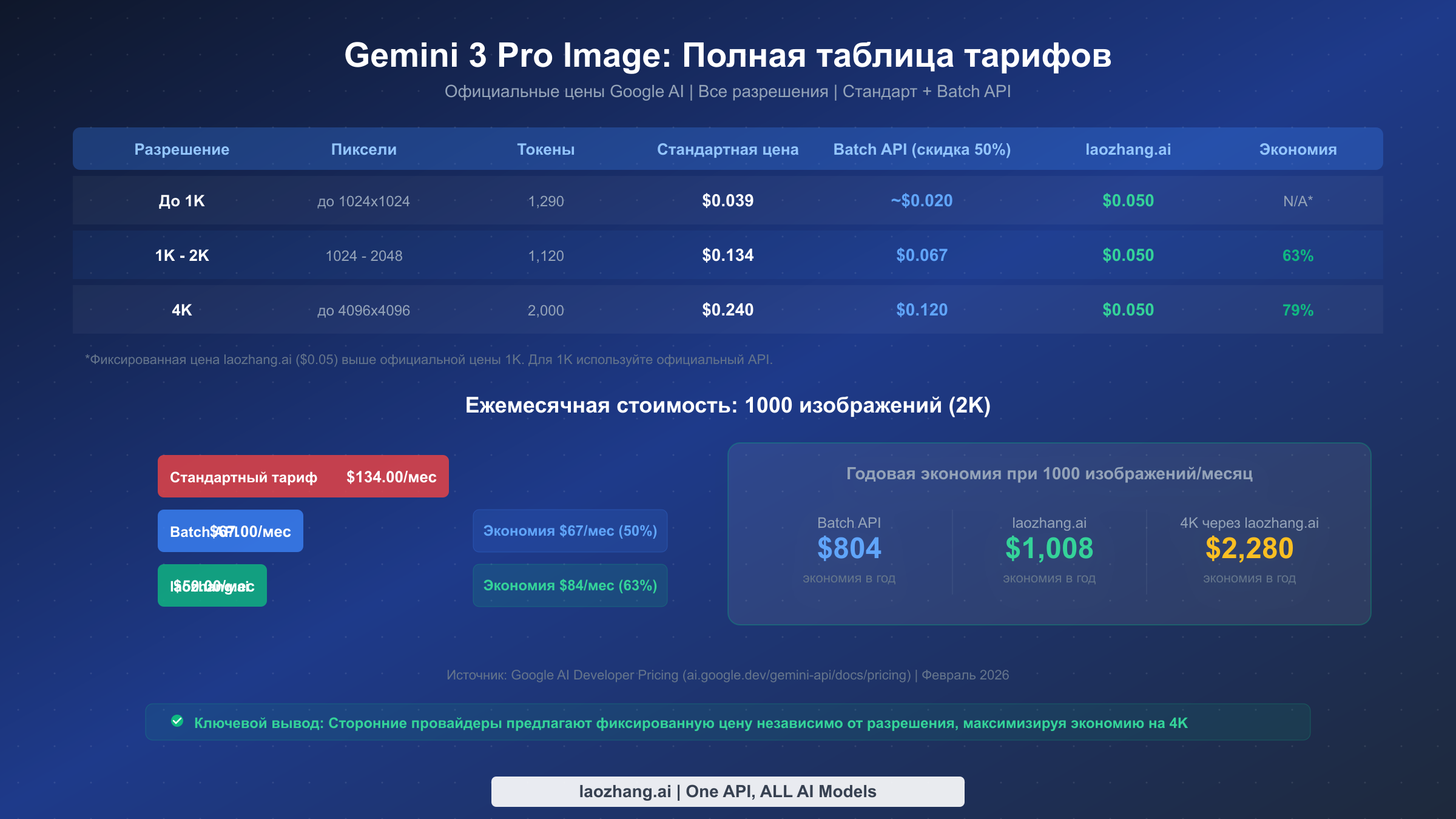 Полная таблица цен Gemini 3 Pro Image с тарифами по разрешению от 1K до 4K для стандартного и Batch API