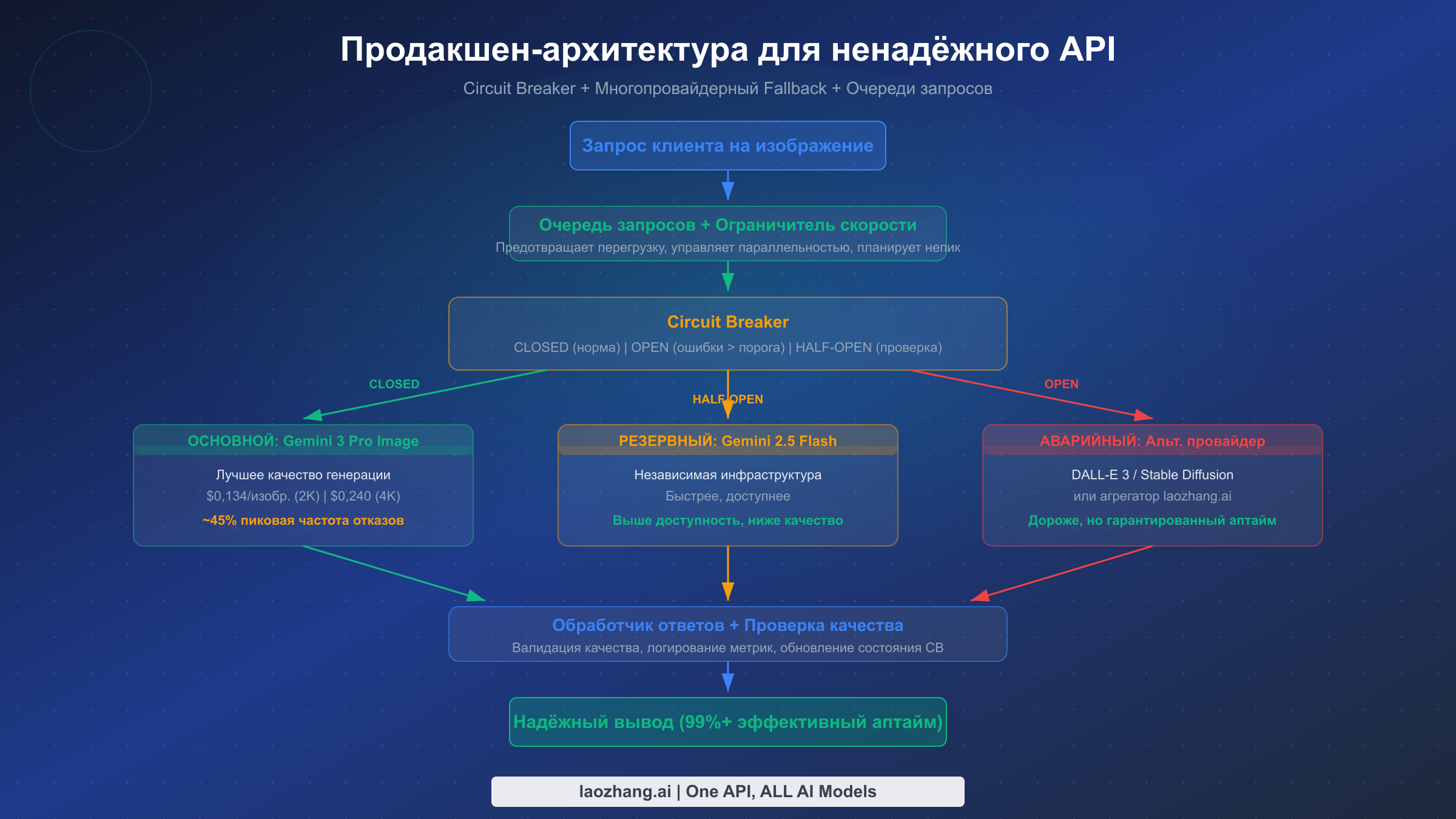 Схема продакшен-архитектуры с Circuit Breaker, многопровайдерным fallback и паттерном повторных попыток на основе очередей