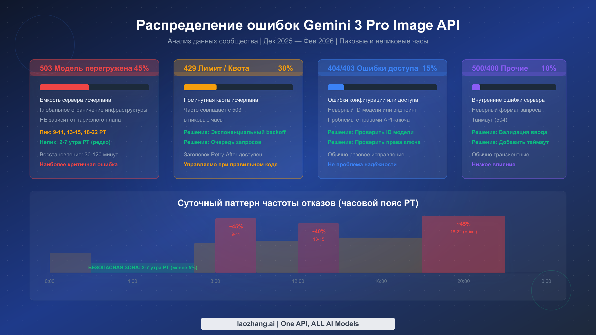 Распределение ошибок Gemini 3 Pro Image API с разбивкой по 503, 429, 404 и 24-часовому паттерну отказов
