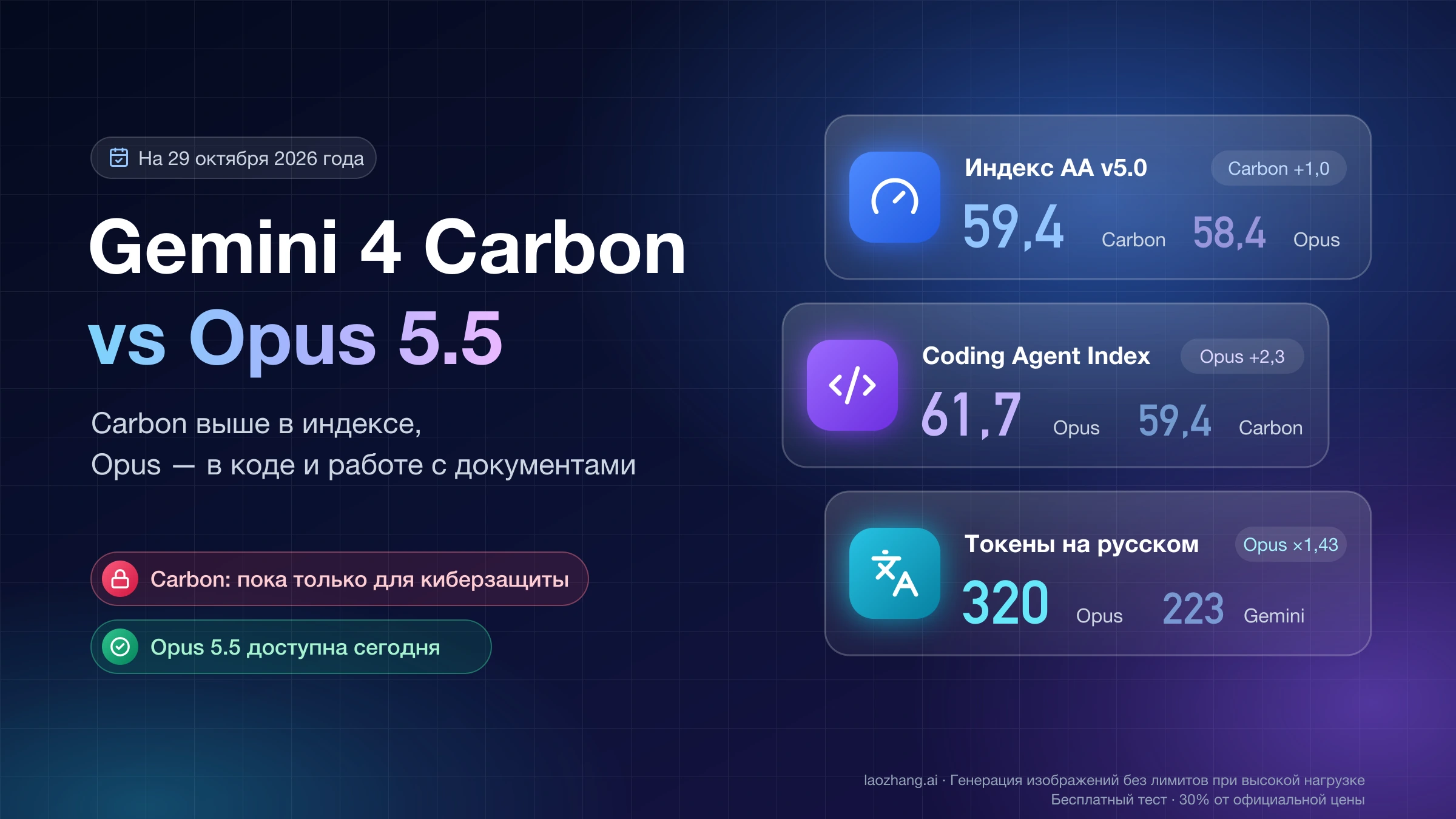 Gemini 4 Carbon против Claude Opus 5.5: индекс AA 59,4 и 58,4, Coding Agent Index 59,4 и 61,7, на русский текст 223 и 320 токенов