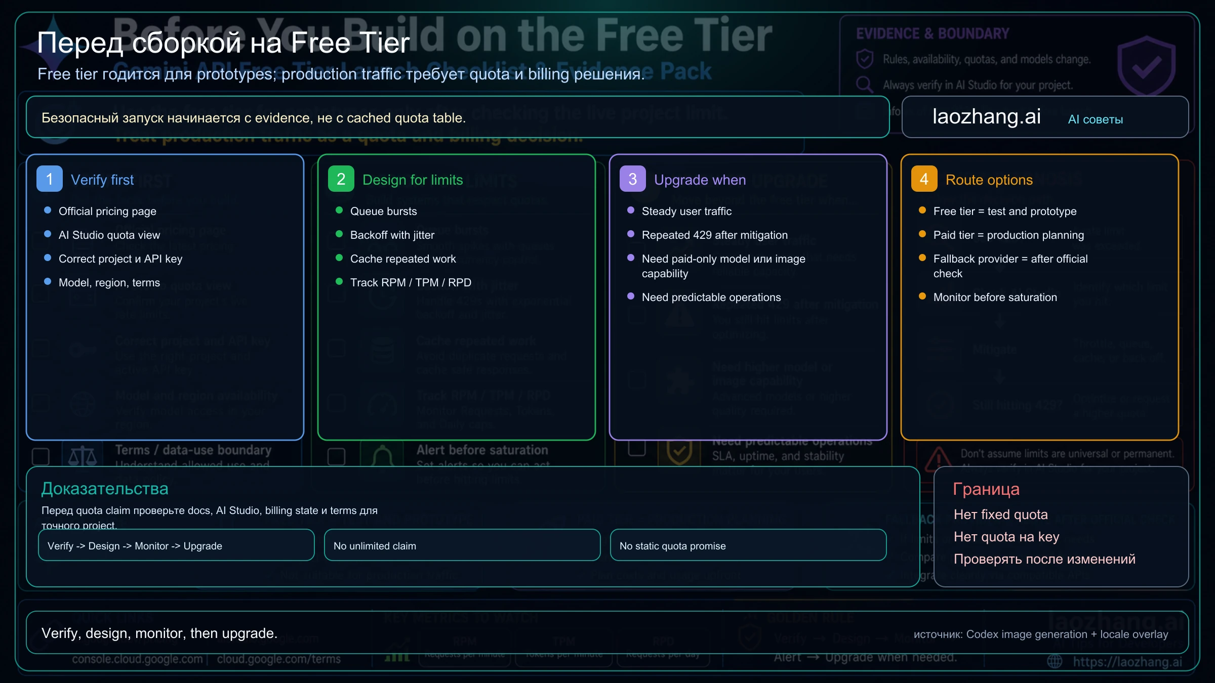 Launch checklist для Gemini API free tier: pricing, AI Studio quota, project keys, terms, request shaping и upgrade triggers