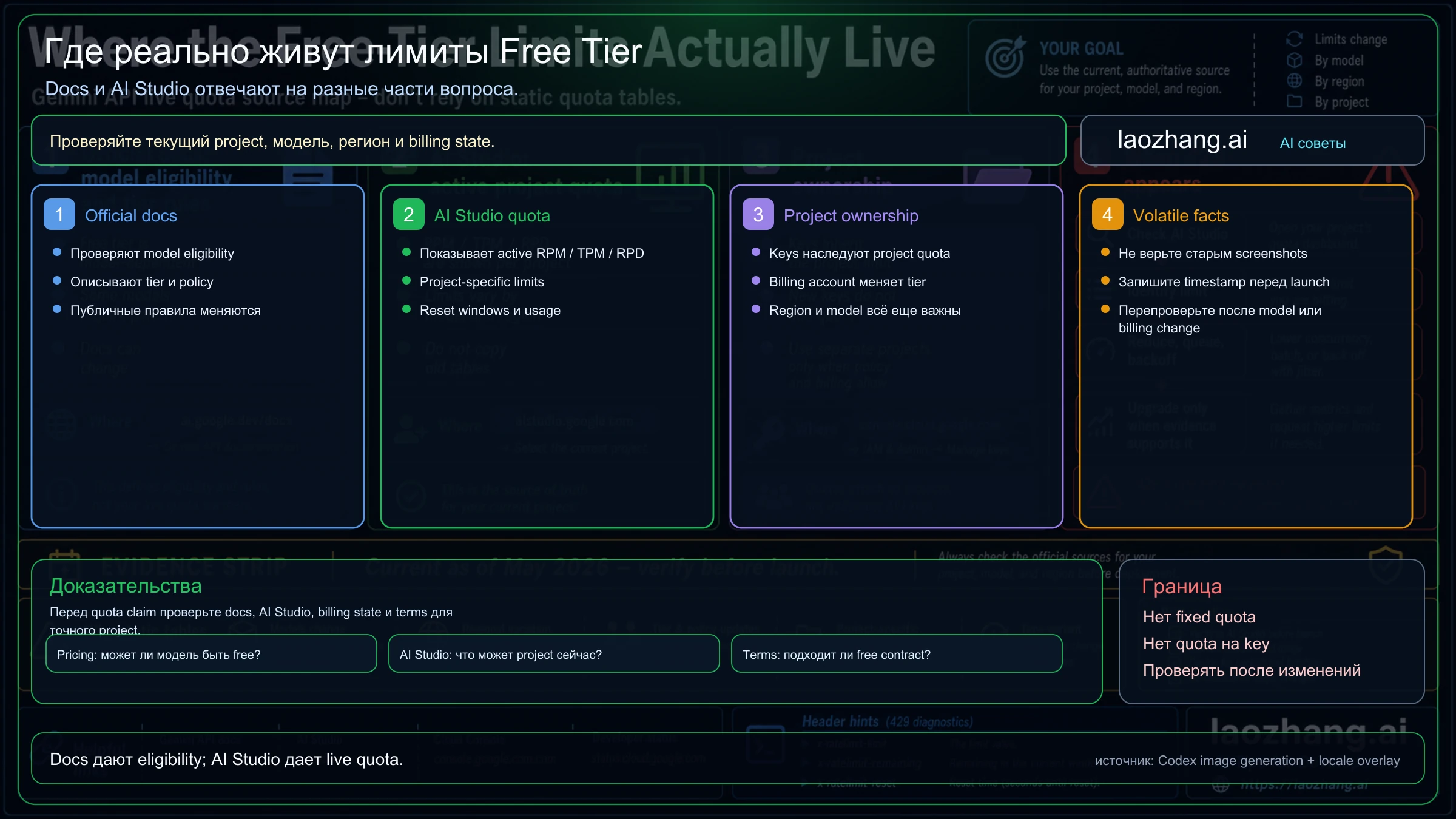 Карта источников правды для Gemini API free-tier limits: pricing, AI Studio, project quota и volatile facts