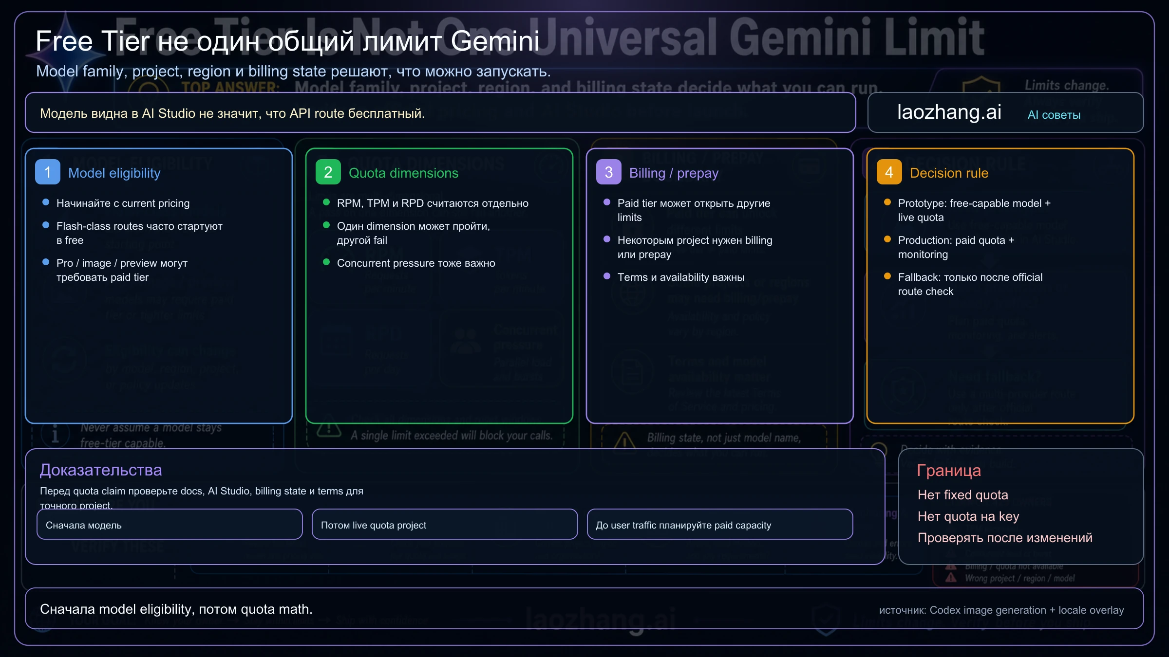 Карта выбора модели Gemini API: free-capable routes, paid-only routes, billing и quota dimensions
